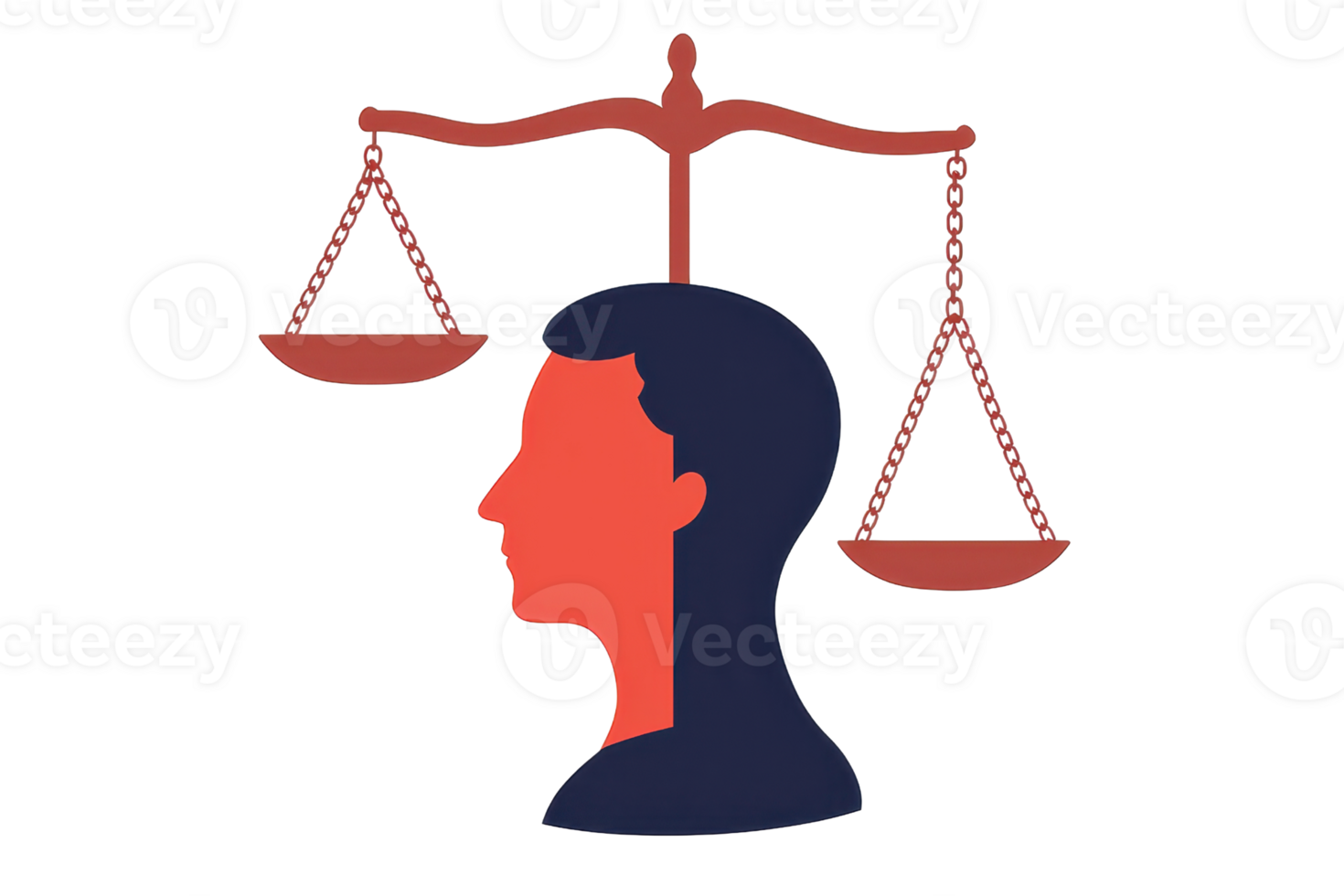 A silhouette of a person head under a balancing scale, symbolizing justice, fairness, and equilibrium. png