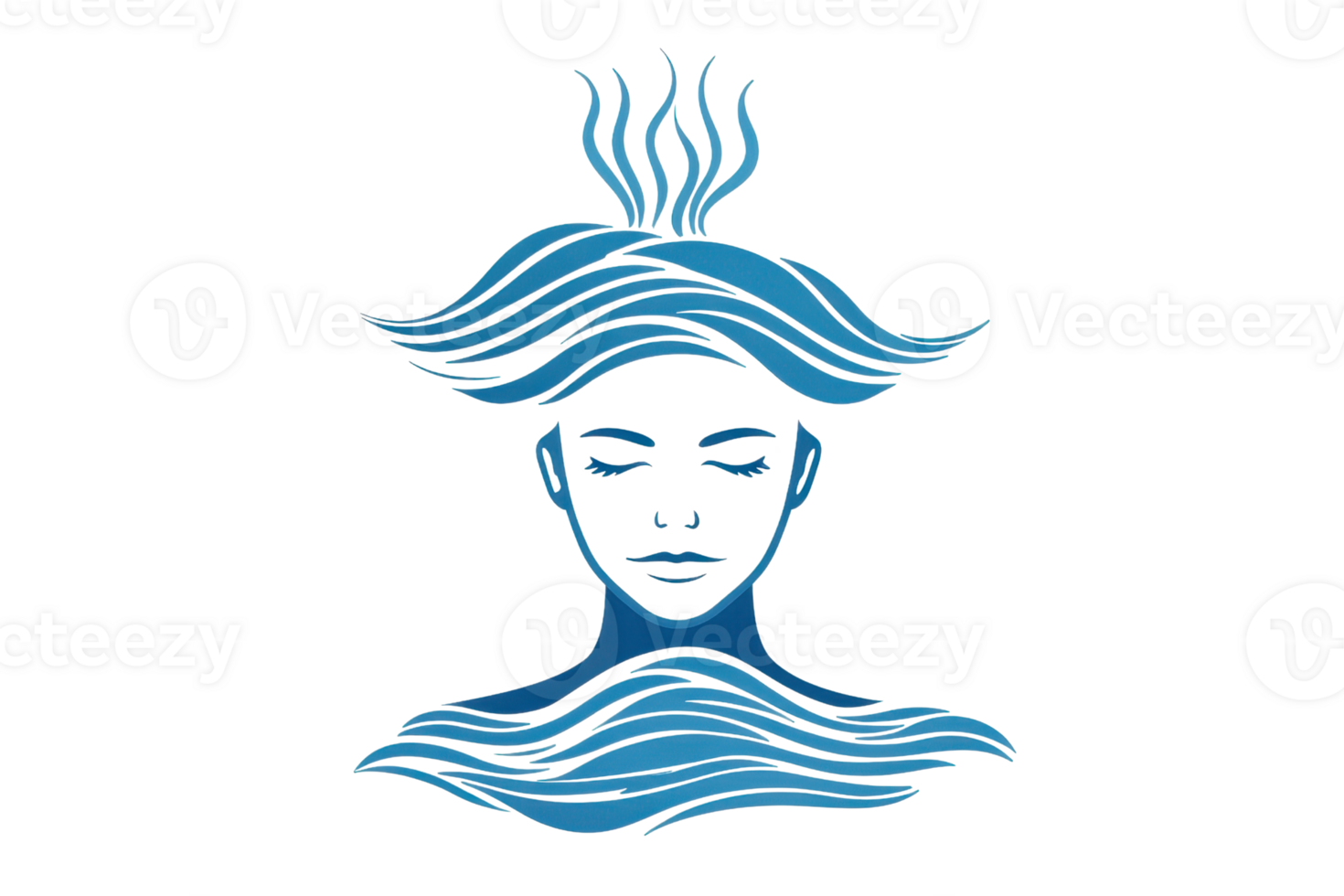 A stylized blue figure with flowing hair and serene facial features, embodying a sense of tranquility and calmness. png