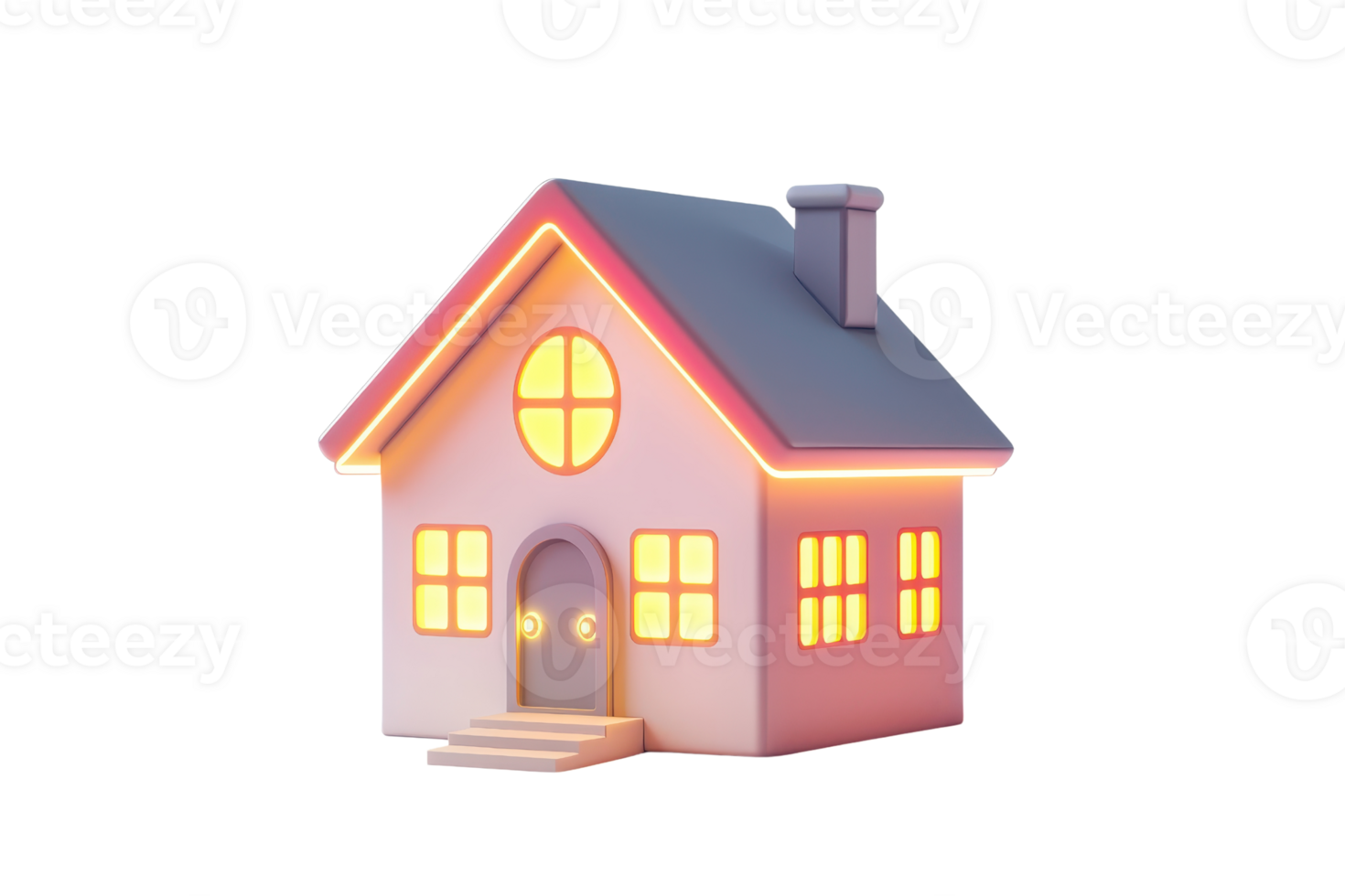 A charming house with glowing windows and a welcoming door, featuring a sloped roof and a chimney. png