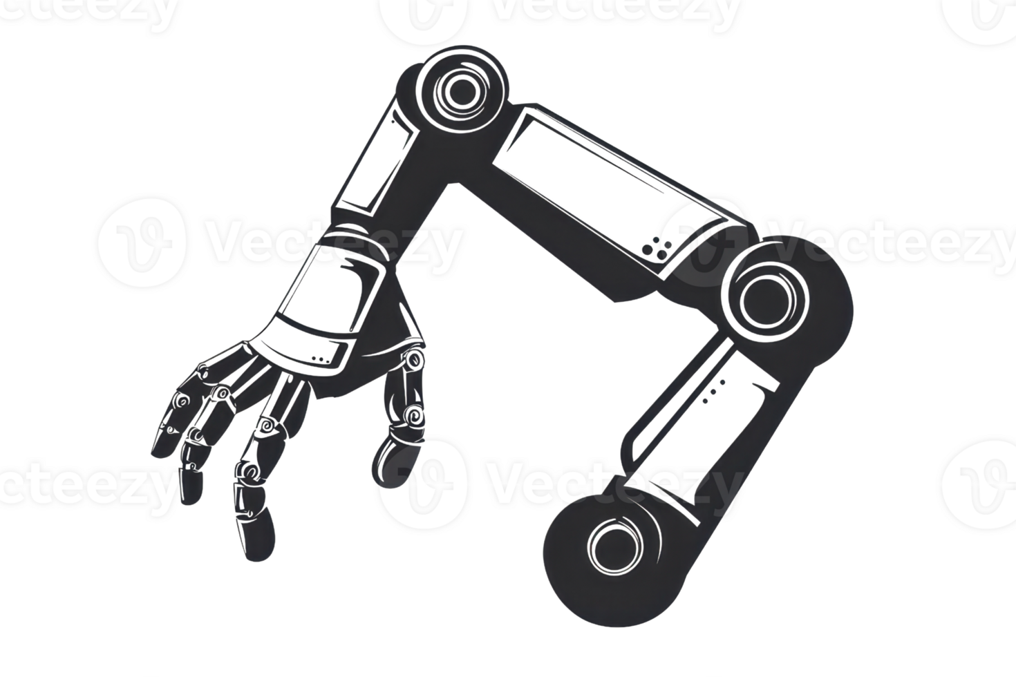 A robotic arm with a detailed hand design, showcasing mechanical joints and multiple segments for dexterous movement. png