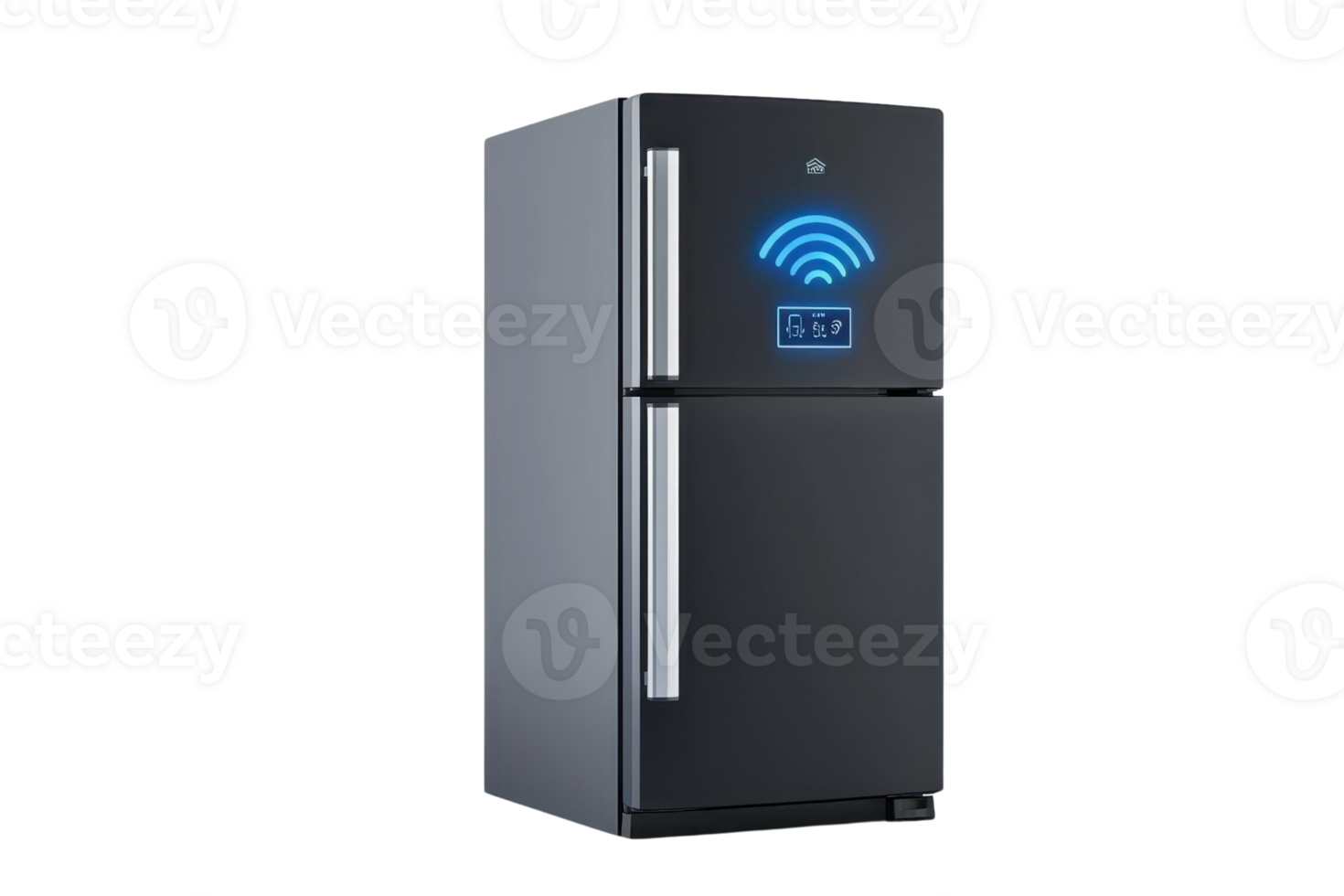 A sleek black refrigerator with a digital display and Wi-Fi connectivity features. png