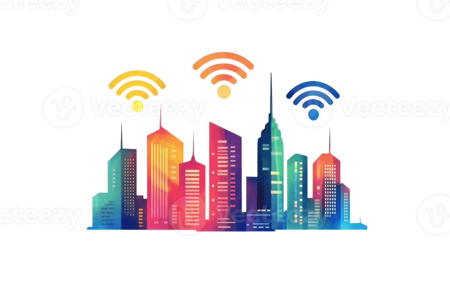 A vibrant city skyline featuring tall buildings and colorful Wi-Fi signal symbols emanating from above. png