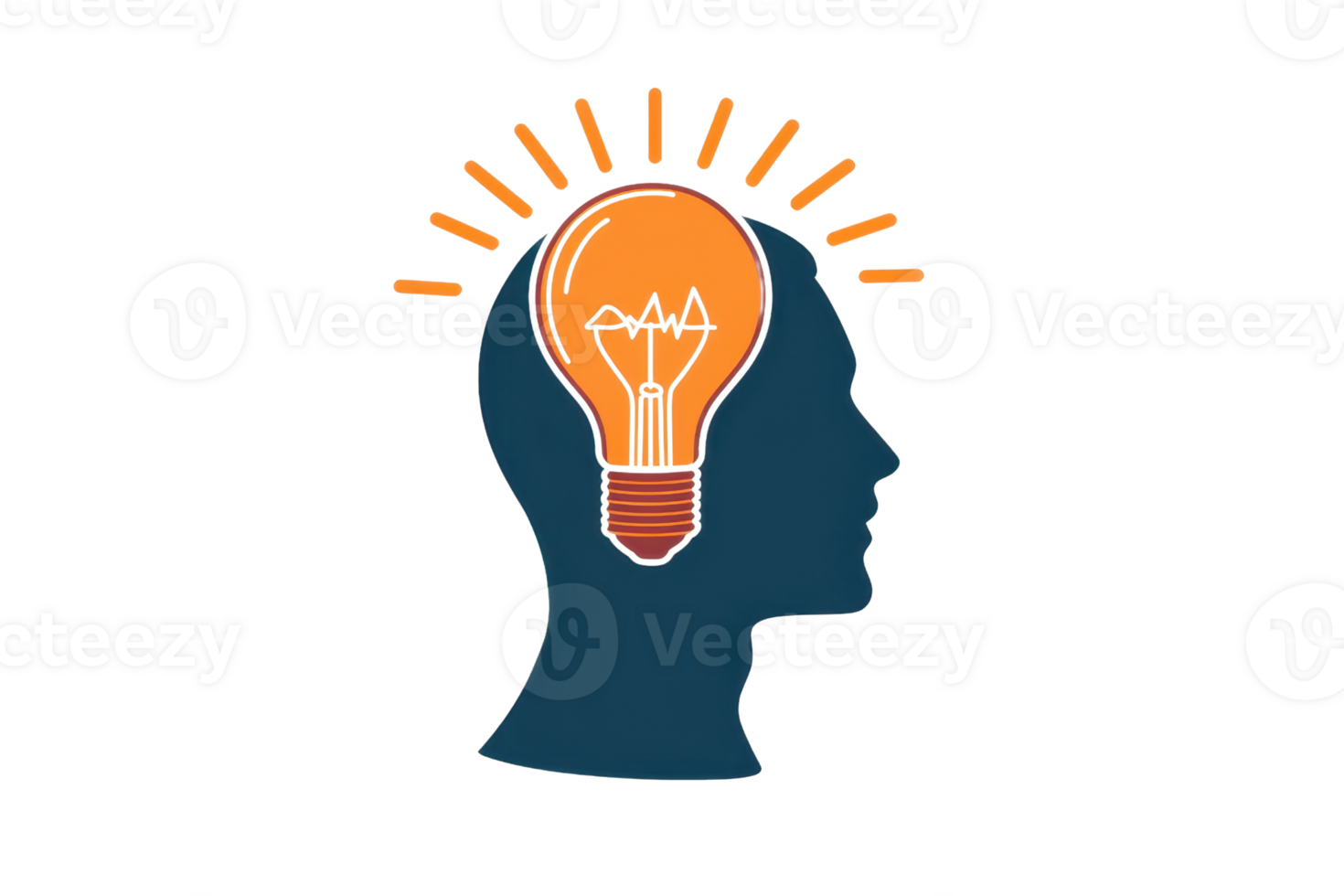 A bulb symbolizing ideas and creativity emerges from a silhouette of a human head, representing enlightenment and intelligence. png