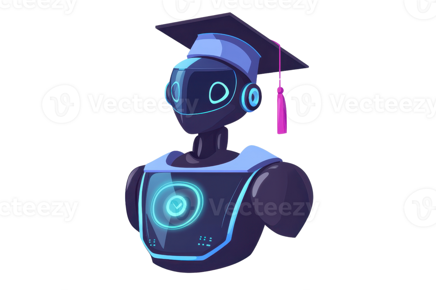 A futuristic robot wearing a graduation cap, featuring glowing accents and a sleek design, symbolizing education and technology. png
