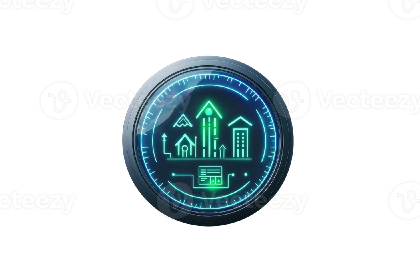 A digital interface displaying green icons of buildings and mountains within a circular gauge. png