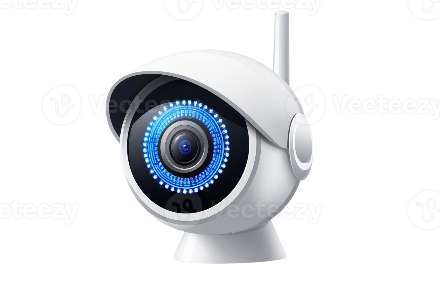 A sleek, modern security camera featuring a circular lens and blue LED lights, designed for monitoring and surveillance purposes. png