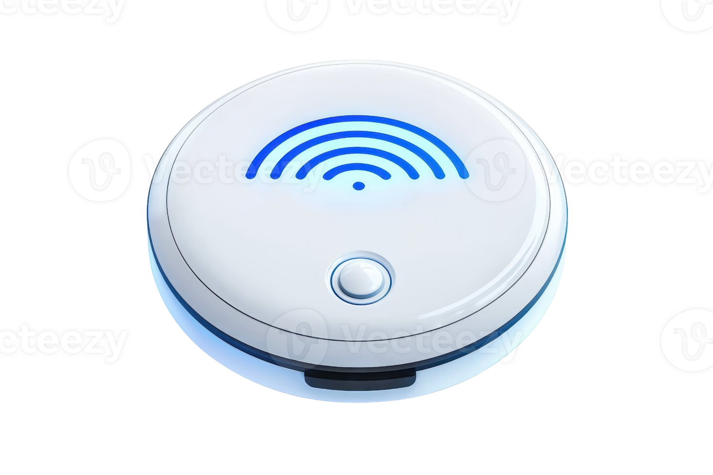 A circular device featuring a blue wireless signal icon, designed for connectivity and smart technology applications. png