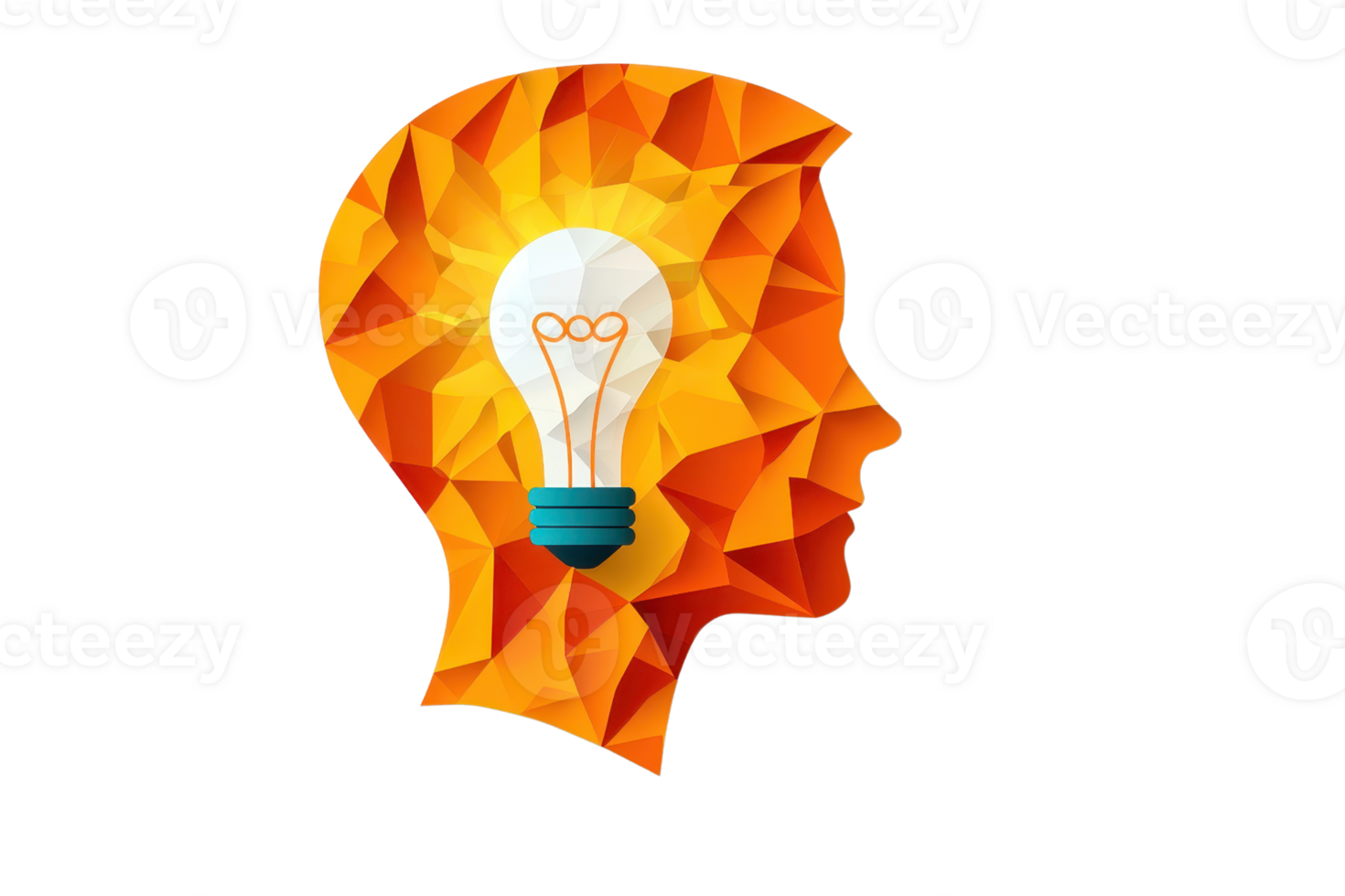 A geometric human head silhouette filled with vibrant colors, featuring an electric light bulb glowing brightly inside. png