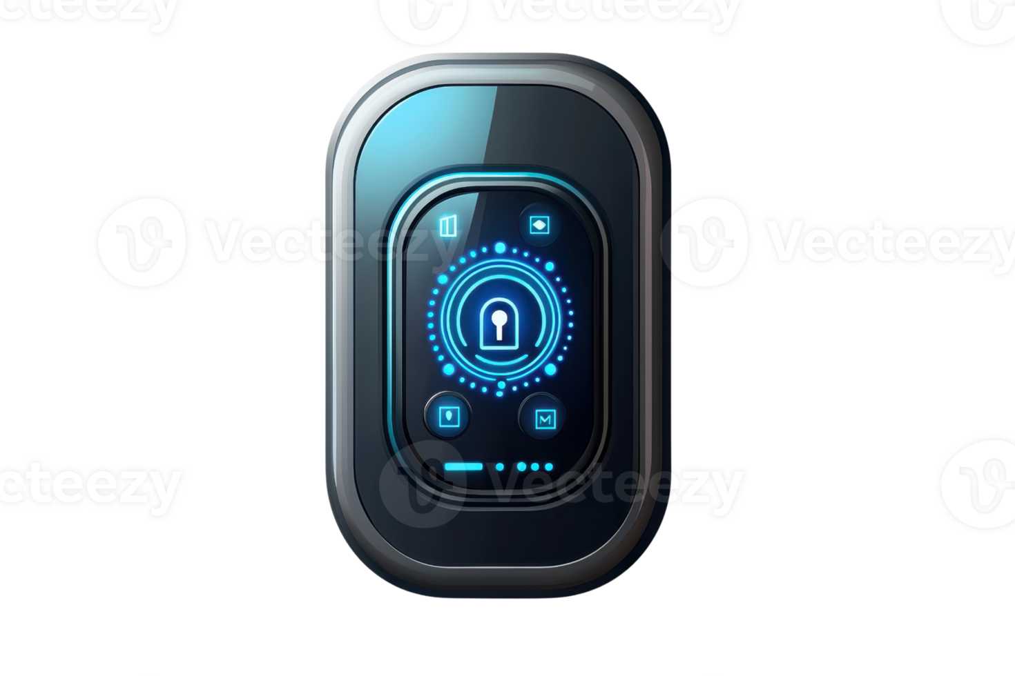 A sleek, futuristic digital lock interface featuring a circular lock symbol, operation indicators, and illuminated buttons for security access. png