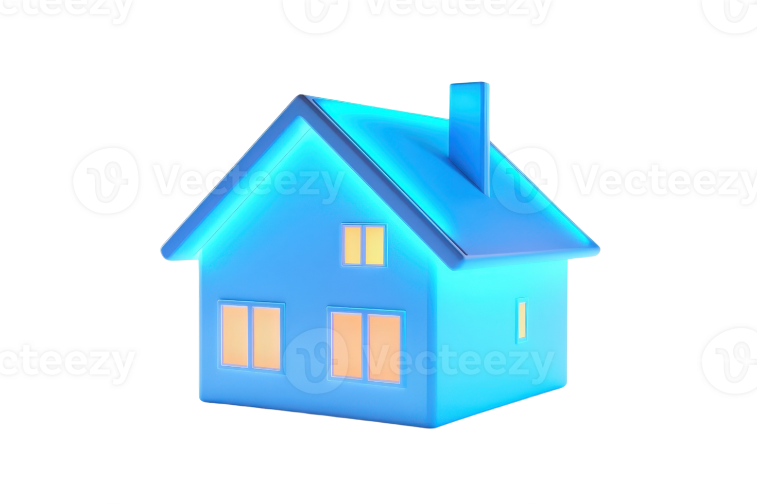 A glowing blue house with a chimney and illuminated windows, representing comfort and home. png