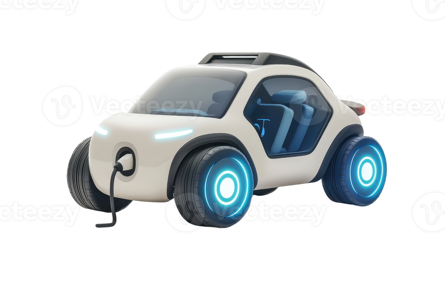 A sleek, futuristic electric car with glowing wheels and a compact design, featuring a charging port for modern transportation. png