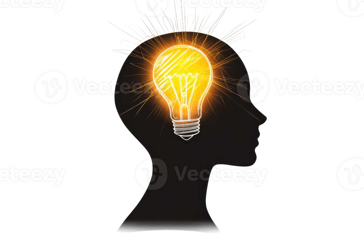 A light bulb emits a bright glow from a silhouette of a human head, symbolizing ideas, creativity, and inspiration. png