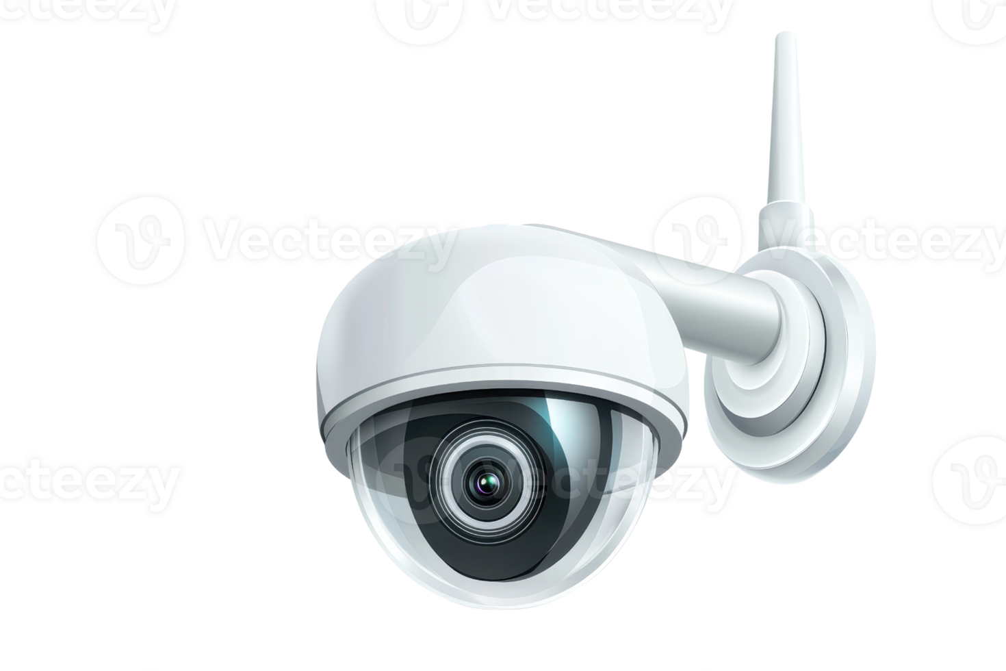 A sleek, white security camera featuring a rounded design and an antenna for wireless connectivity. png