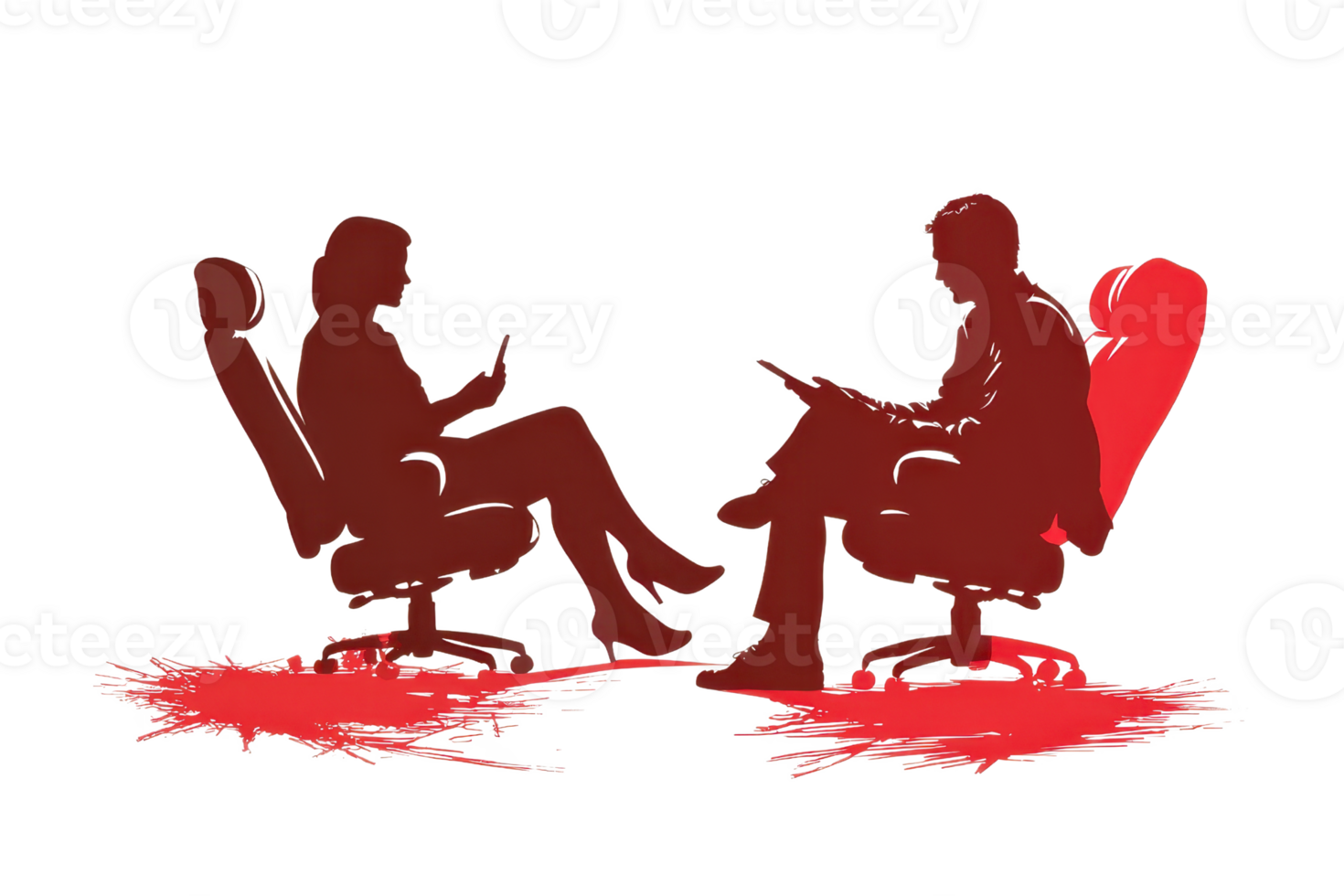 Two silhouetted figures sitting in chairs, each holding a device, facing each other, surrounded by splashes of red. png