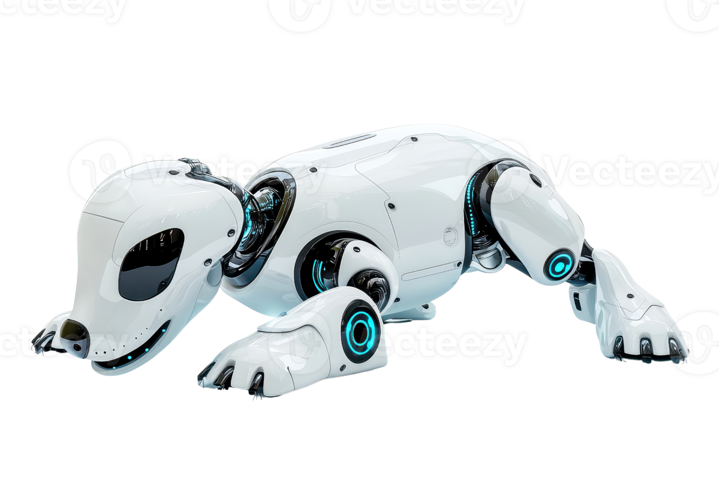 A sleek robotic creature resembling a dog, featuring a smooth white exterior with mechanical joints and glowing accents. png