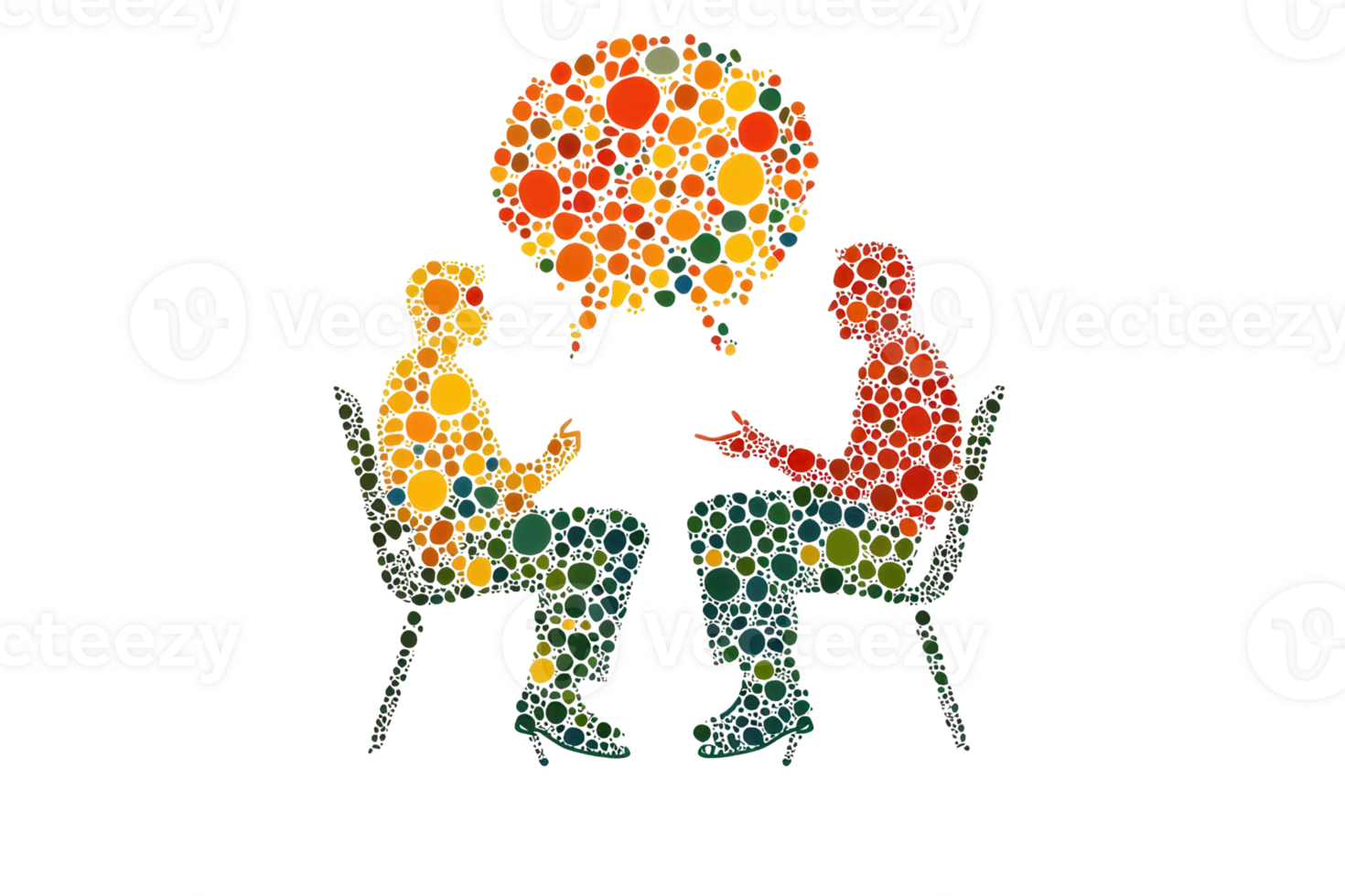 deux abstrait Les figures engagé dans une animé discussion, illustré avec coloré cercles formant pensée bulles. png