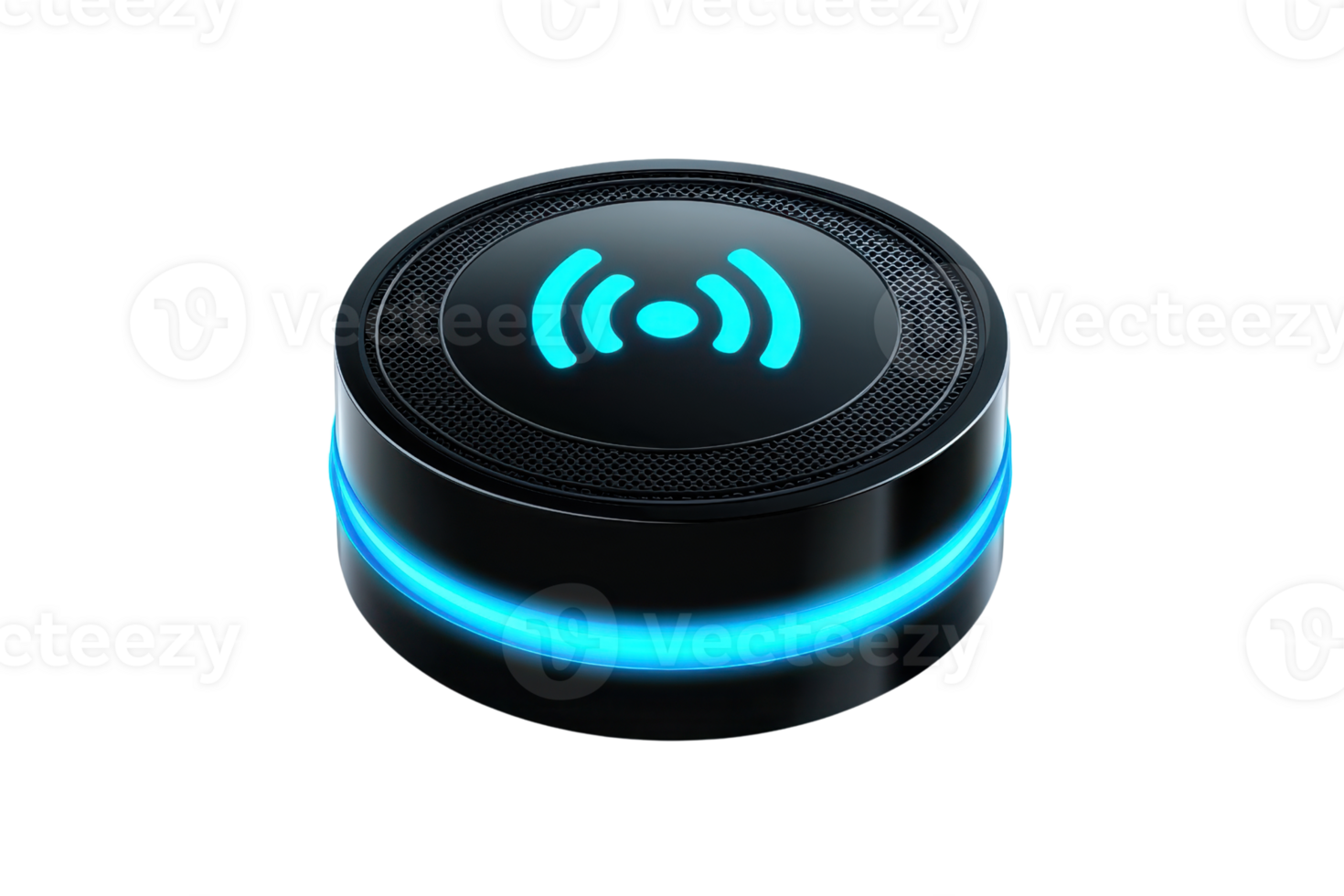 A modern, circular speaker device with glowing blue accents, designed for wireless audio connectivity. png