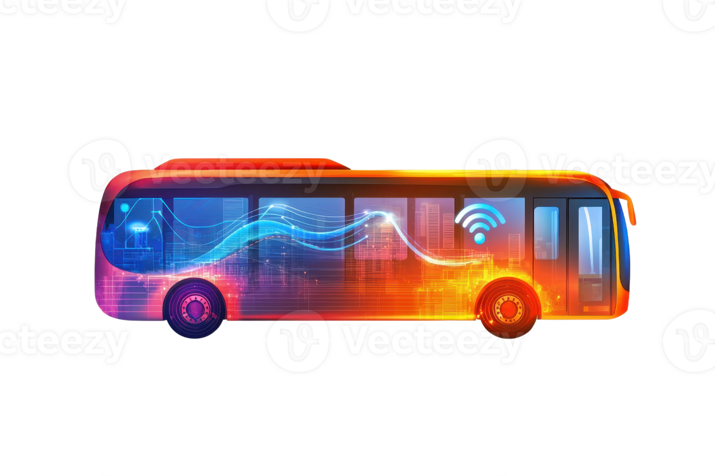 A vibrant, stylized bus featuring wireless signals and dynamic light patterns, symbolizing modern transportation technology. png