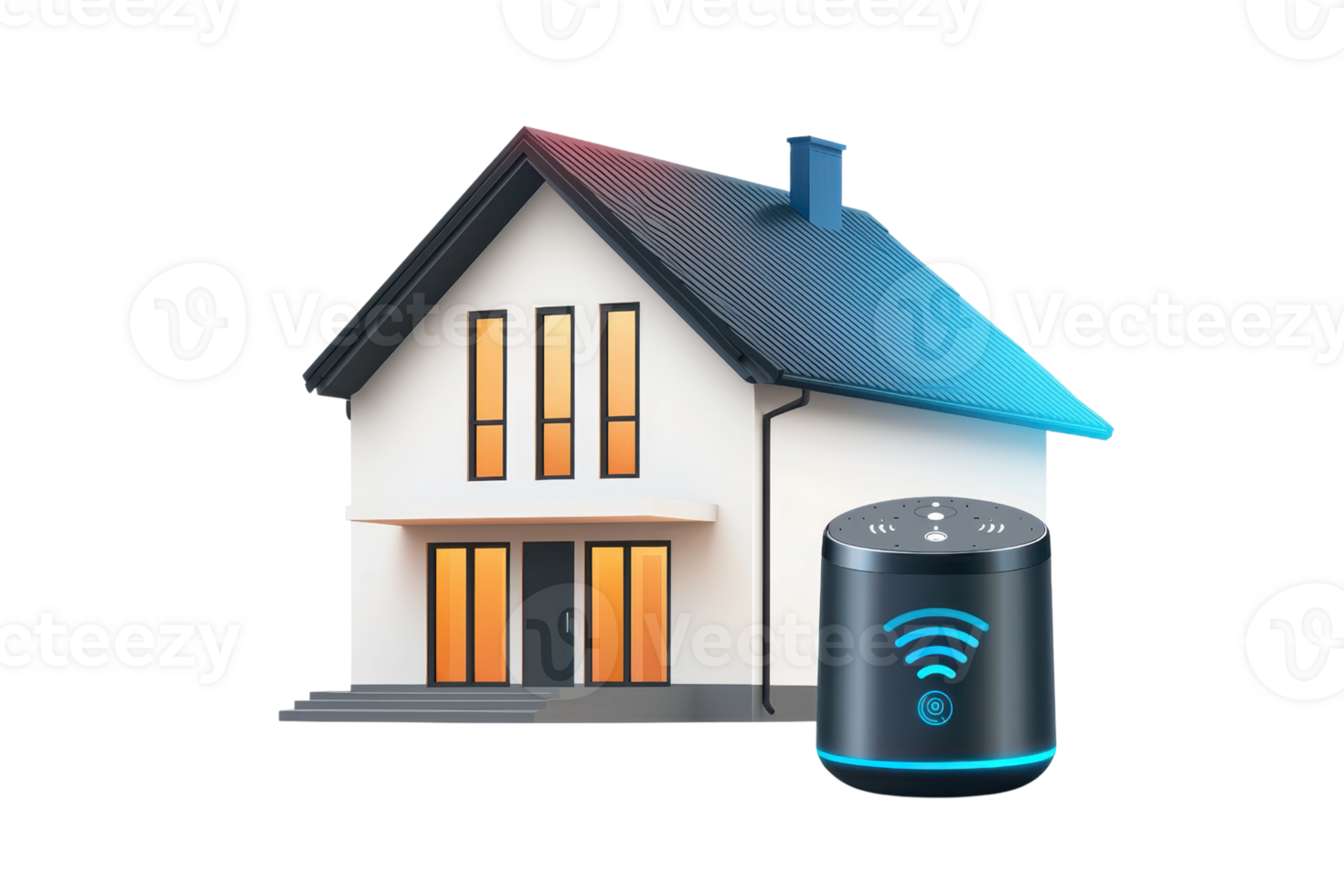 A modern house with illuminated windows alongside a smart speaker, symbolizing smart home technology and connectivity. png