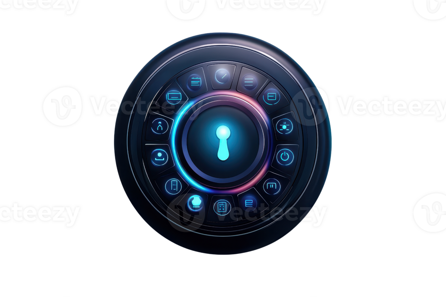 A modern, illuminated dial featuring various icons and a keyhole at its center, suggesting a locking mechanism or security feature. png