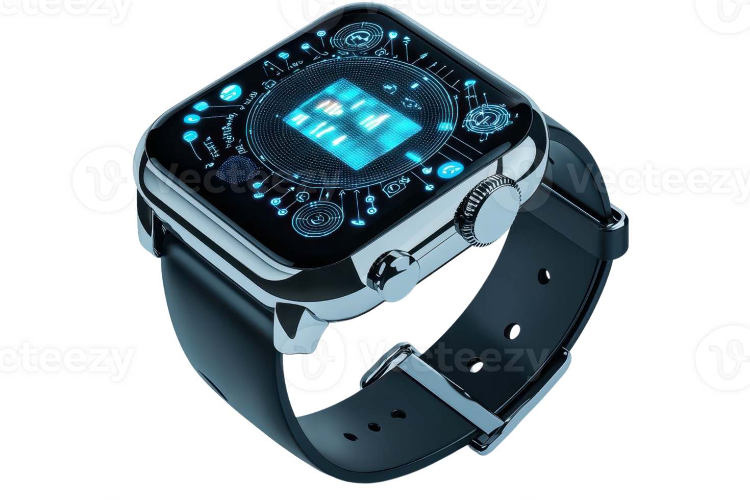 A sleek, modern smartwatch featuring a vibrant digital display and a stylish black band, designed for functionality and aesthetics. png