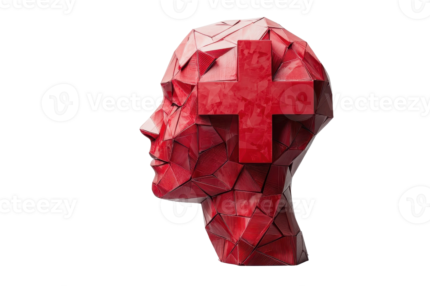 A stylized red head sculpture features a prominent cross symbol, representing health and medical themes. png