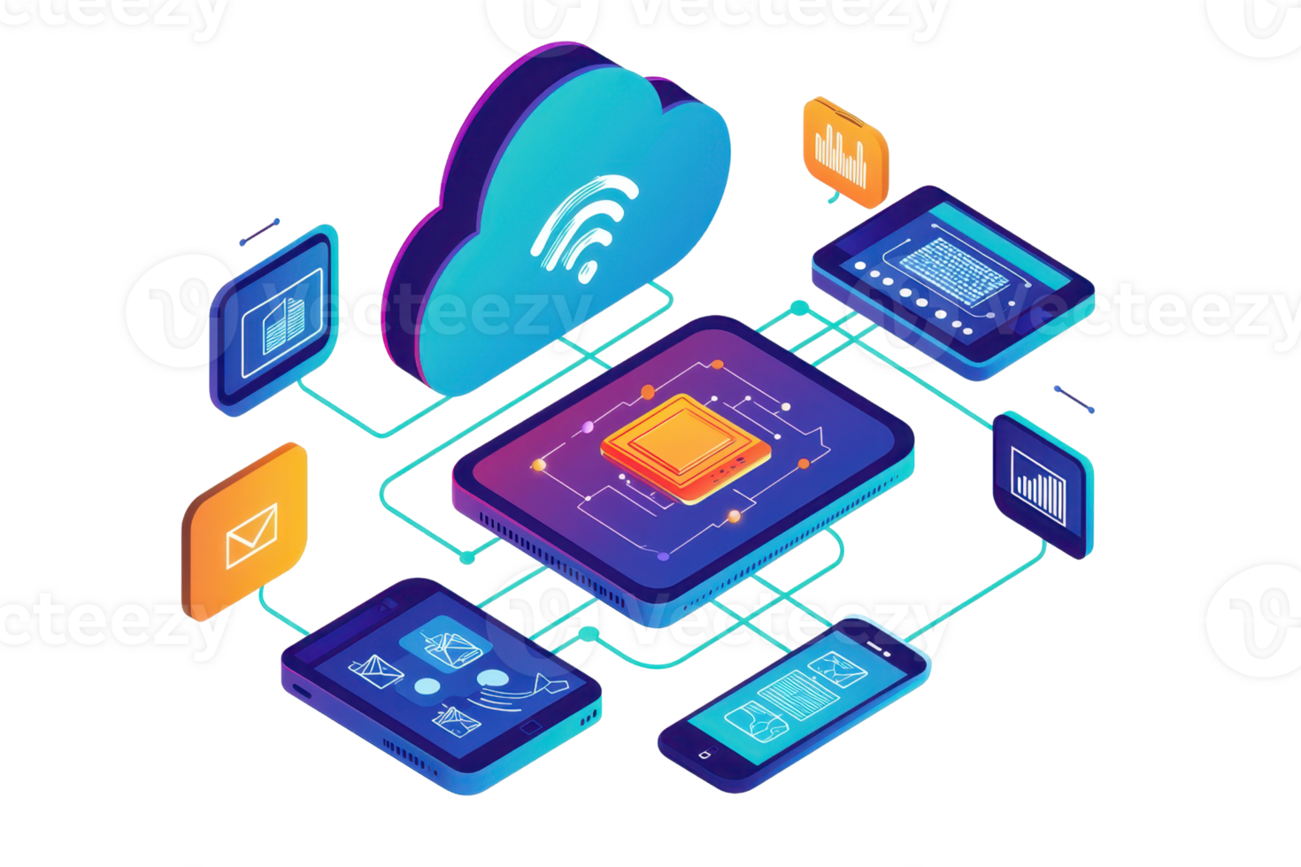 A vibrant cloud computing illustration showcasing interconnected devices and a central processor, emphasizing digital connectivity and technology. png