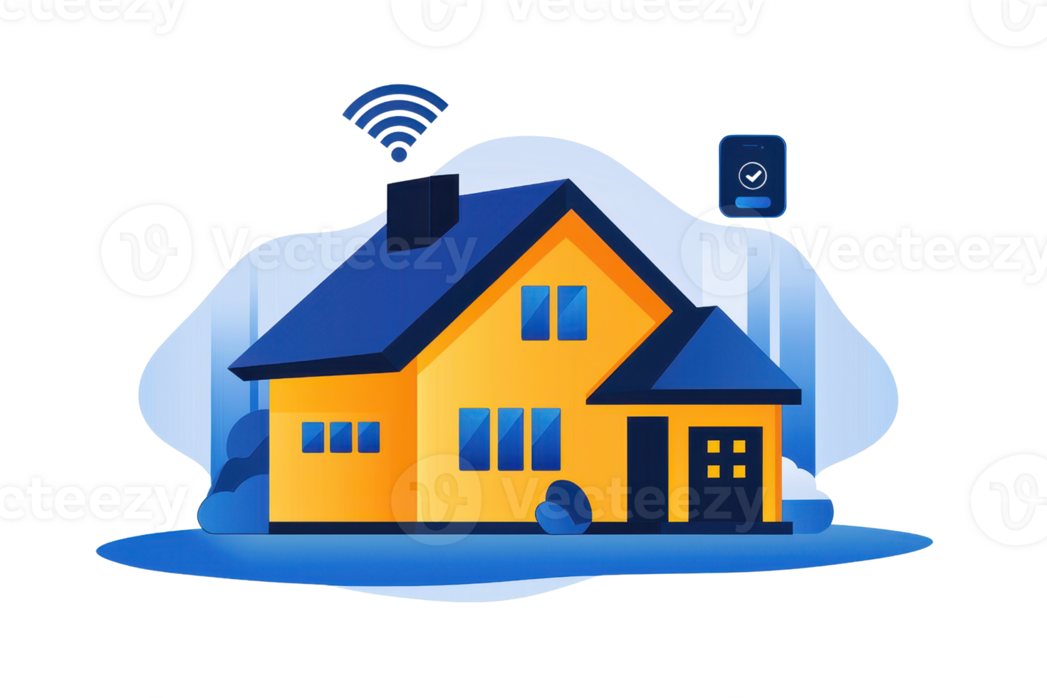 A colorful house design featuring a blue roof and yellow walls, equipped with a wireless signal symbol above. png