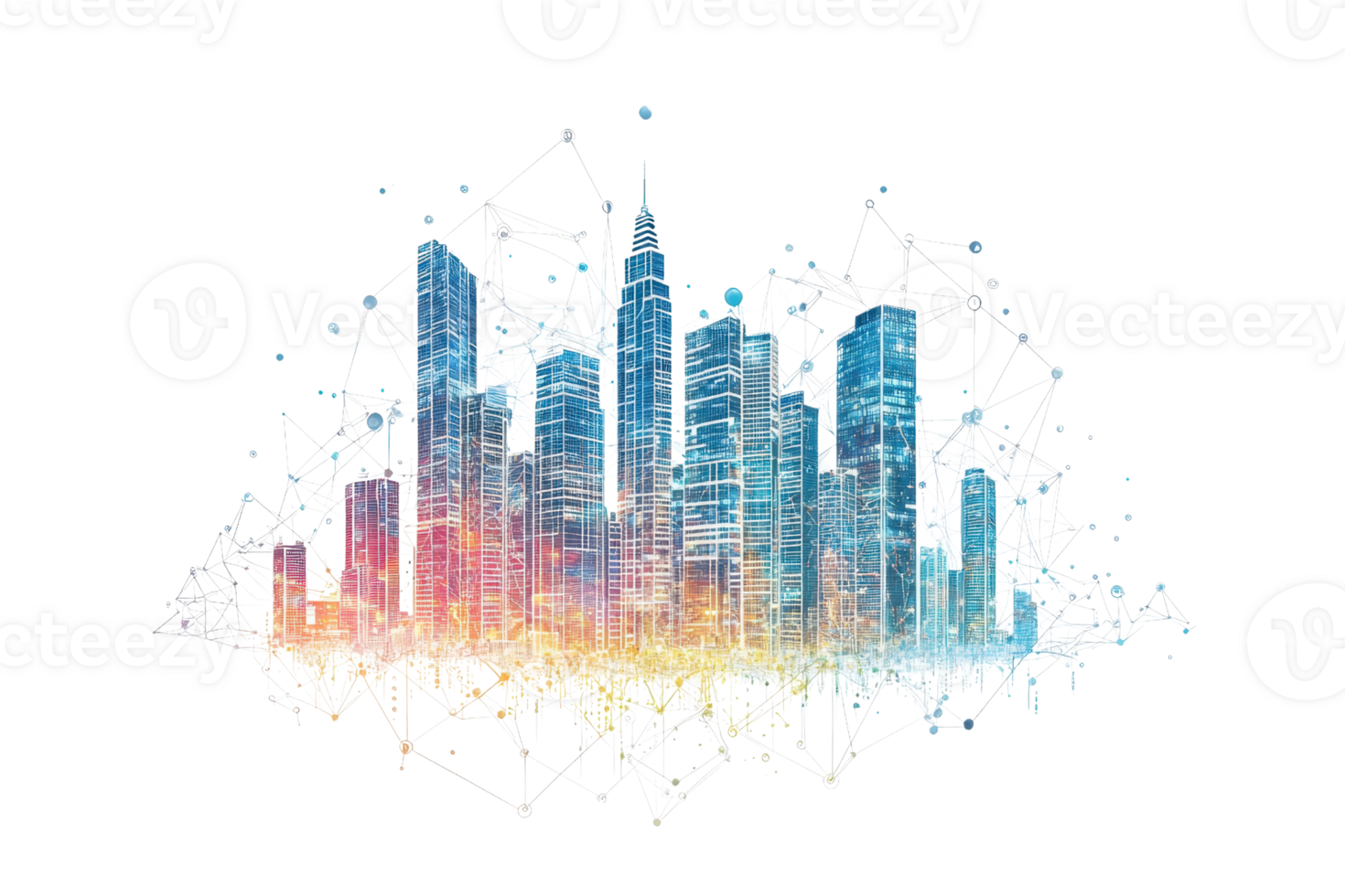 A vibrant digital skyline illuminated in blue and pink hues, showcasing tall buildings and intricate geometric connections. png