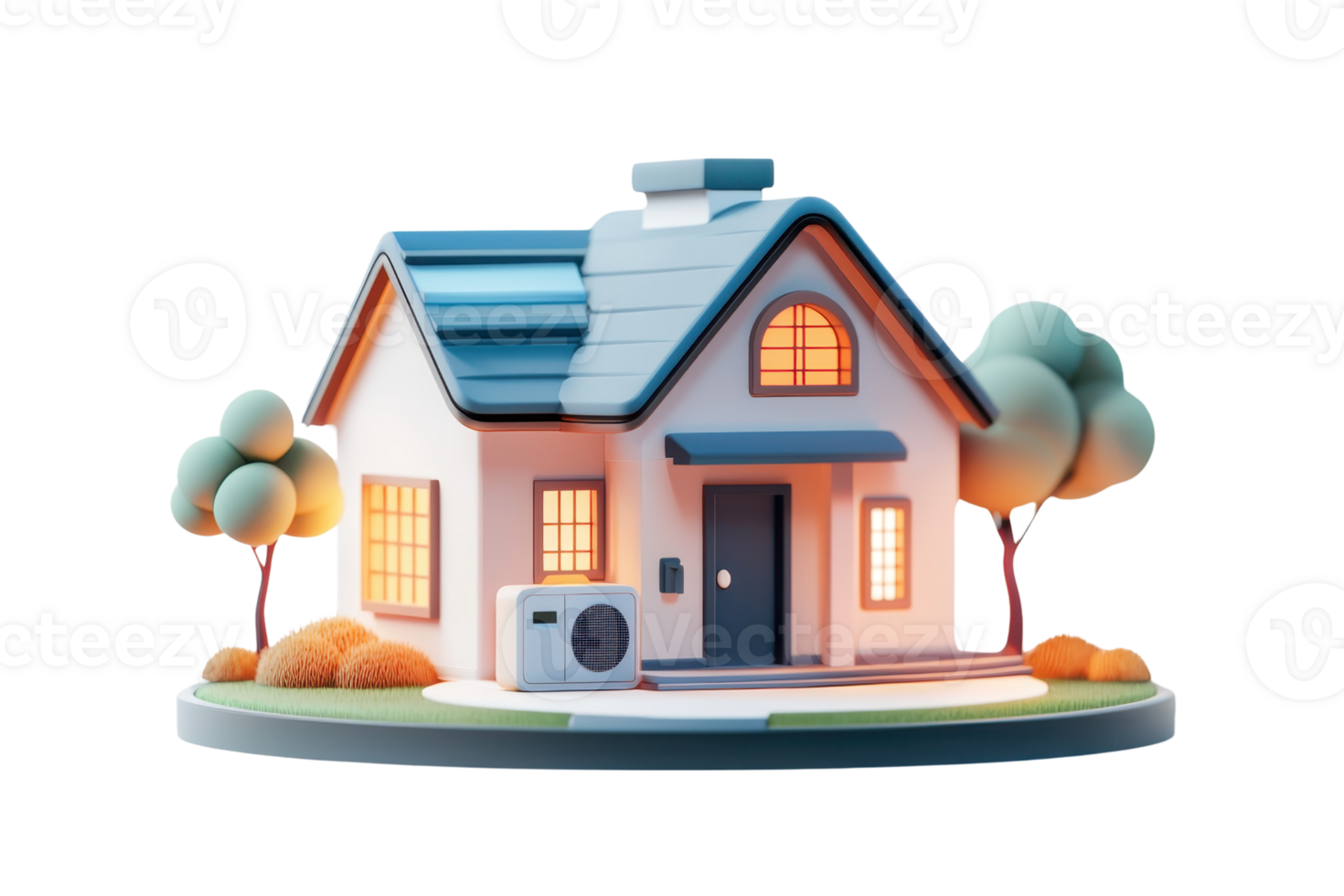 A colorful, stylized house with windows, a door, and a washing machine, surrounded by whimsical trees. png