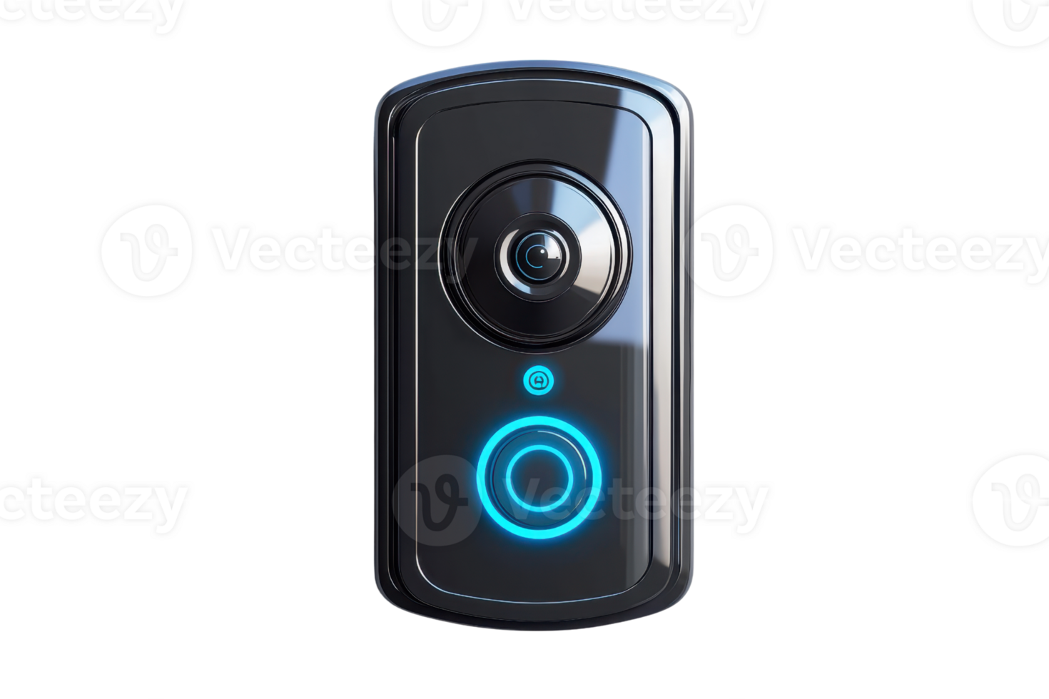 A sleek, modern doorbell featuring a circular camera lens and illuminated button for enhanced visibility and functionality. png