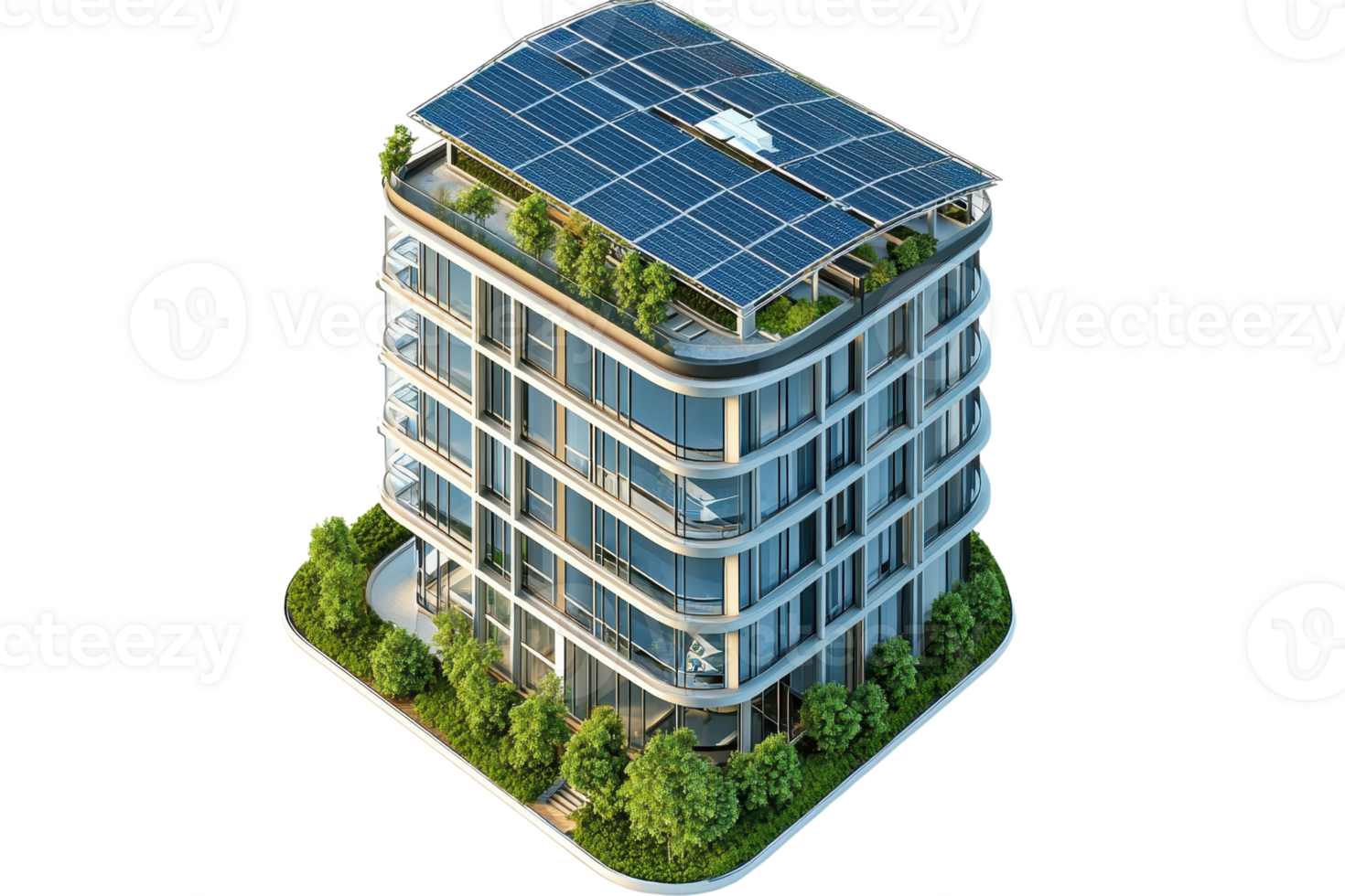 Modern building with solar panels and greenery, showcasing an eco-friendly design. png