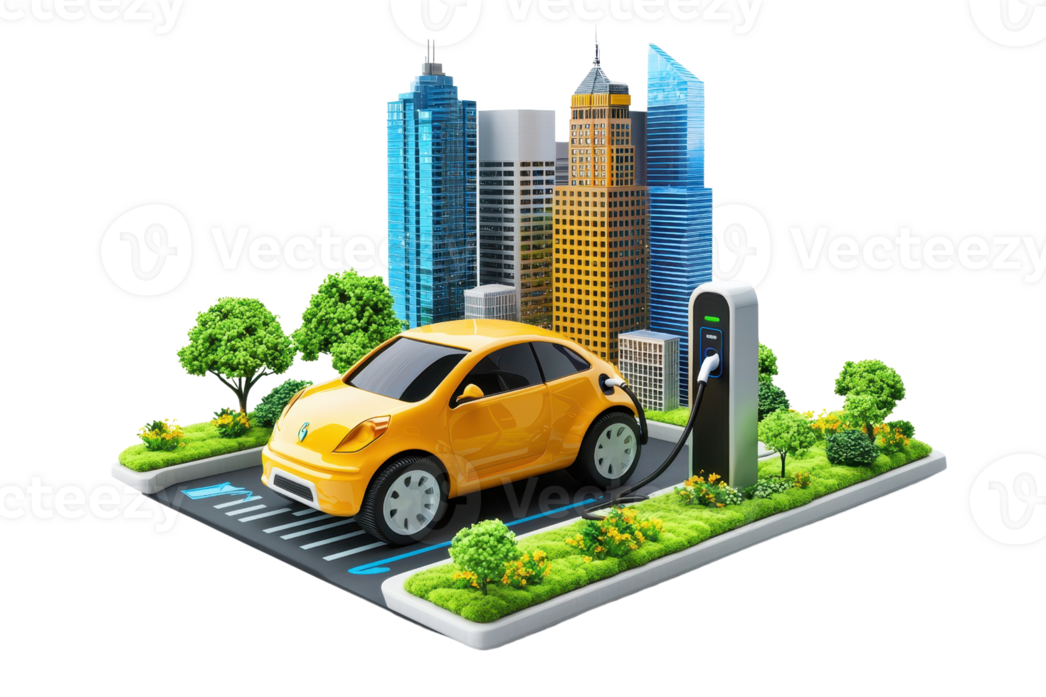 A vibrant yellow electric car charging in a modern cityscape surrounded by green landscaping and skyscrapers. png