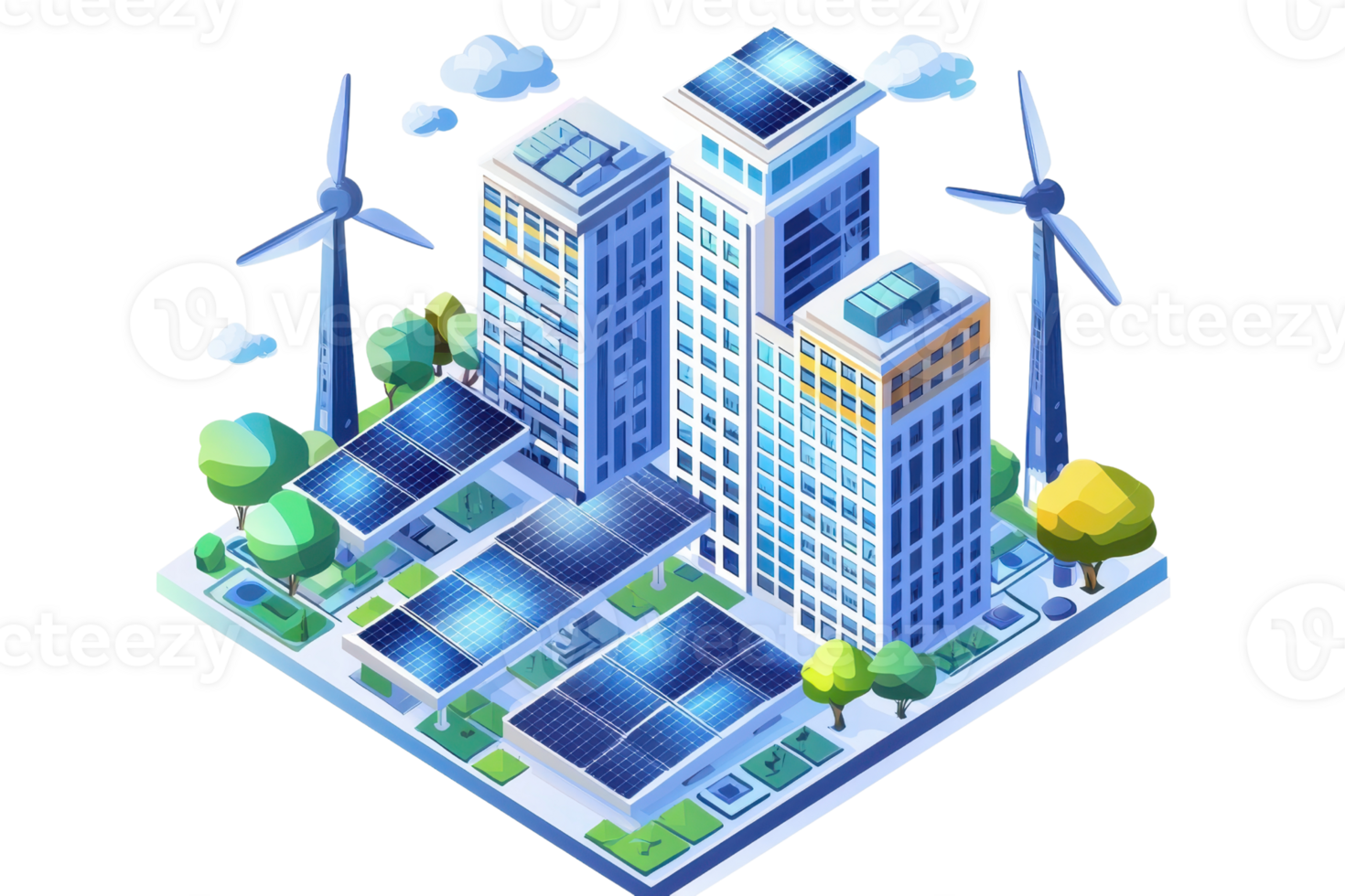 A modern cityscape featuring high-rise buildings equipped with solar panels, wind turbines, and greenery, symbolizing renewable energy and sustainability. png