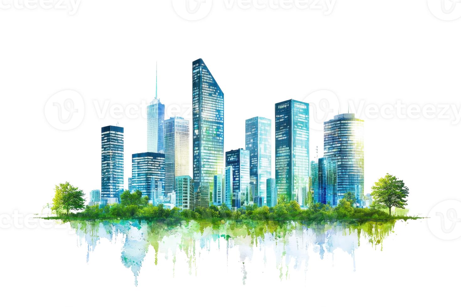 A vibrant city skyline with modern buildings and greenery, showcasing a blend of urban architecture and nature. png