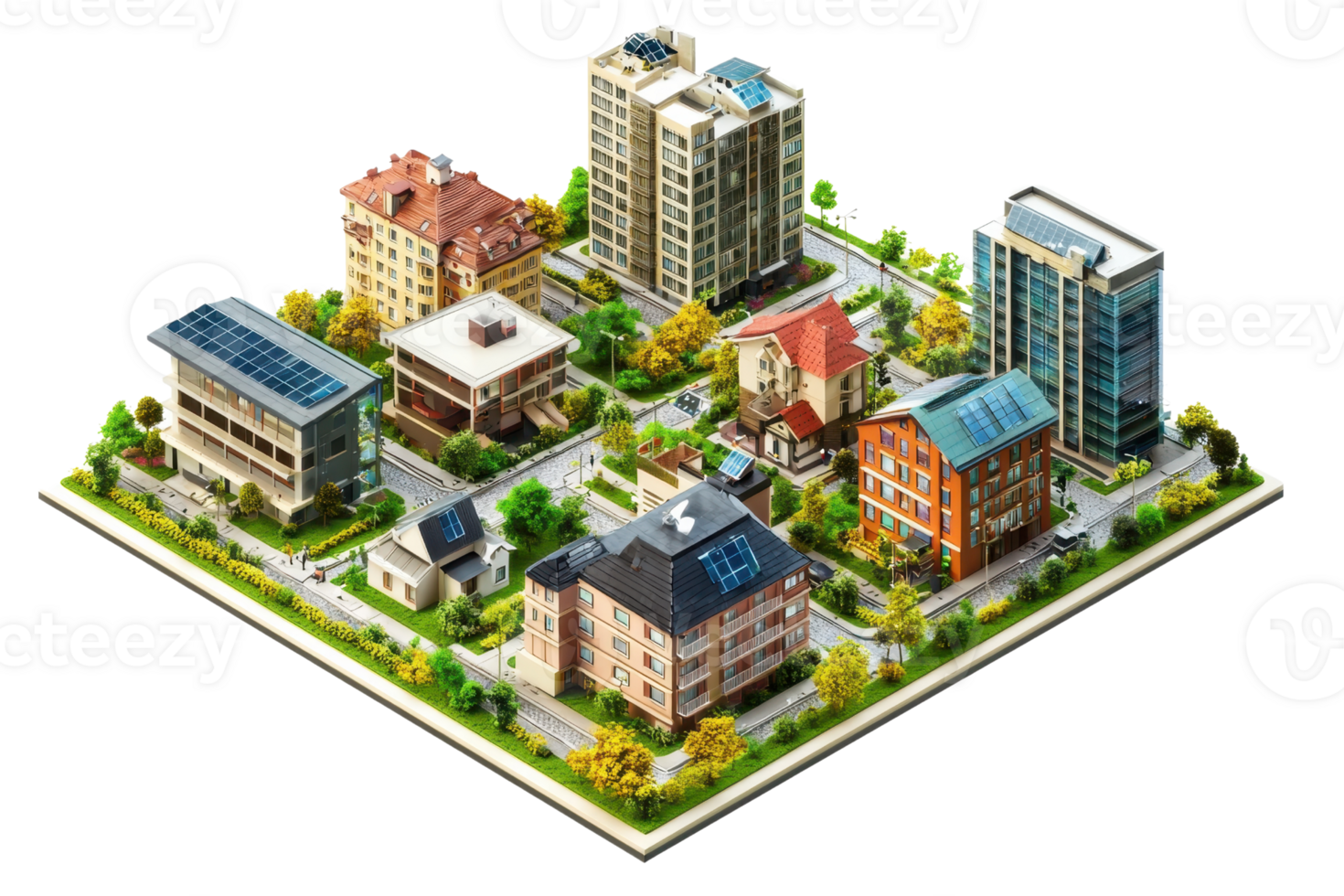 A colorful, detailed cityscape featuring various buildings, greenery, and pathways arranged in a lively urban layout. png