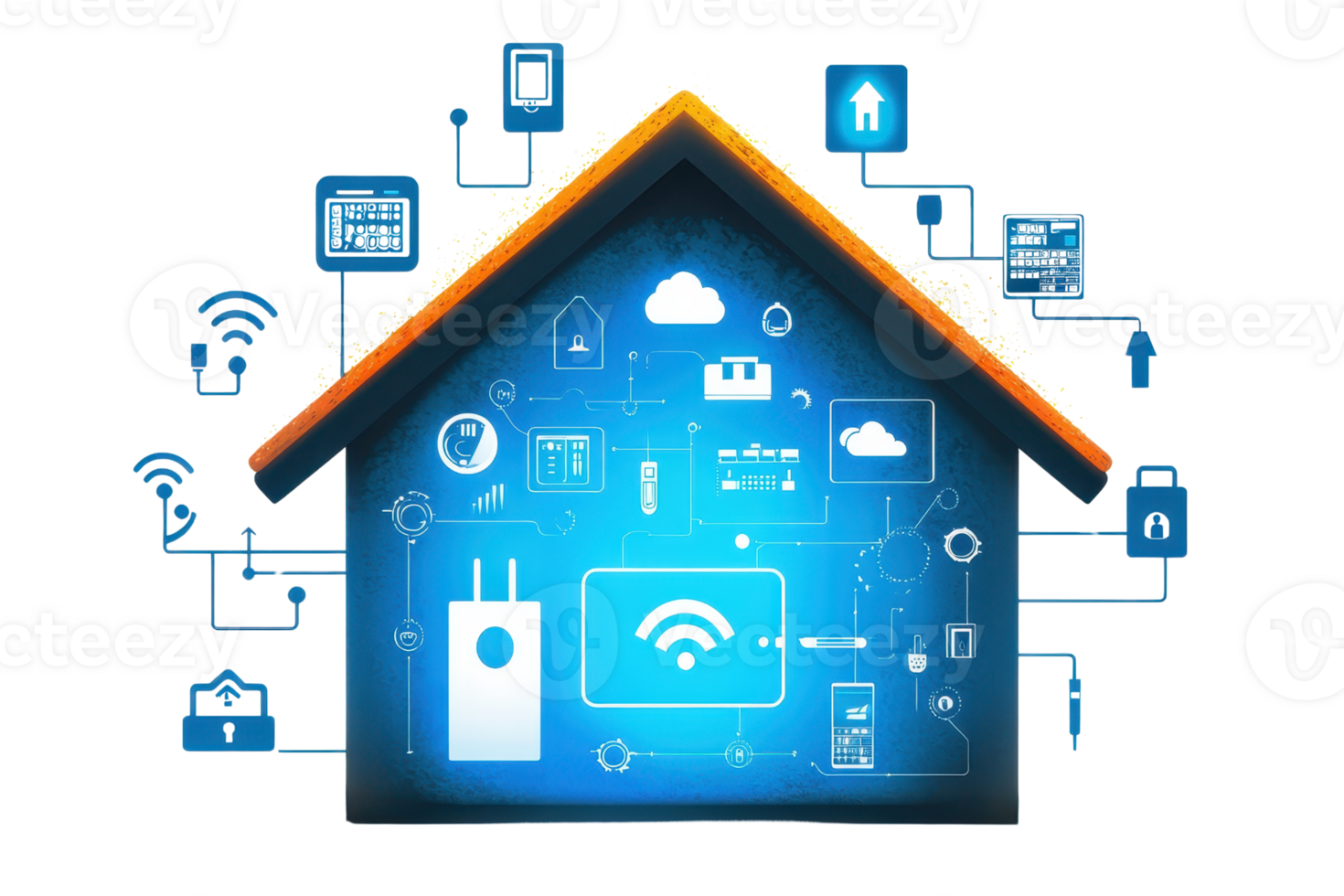 A digital representation of a house showcasing various smart home technologies and connected devices in an integrated network. png