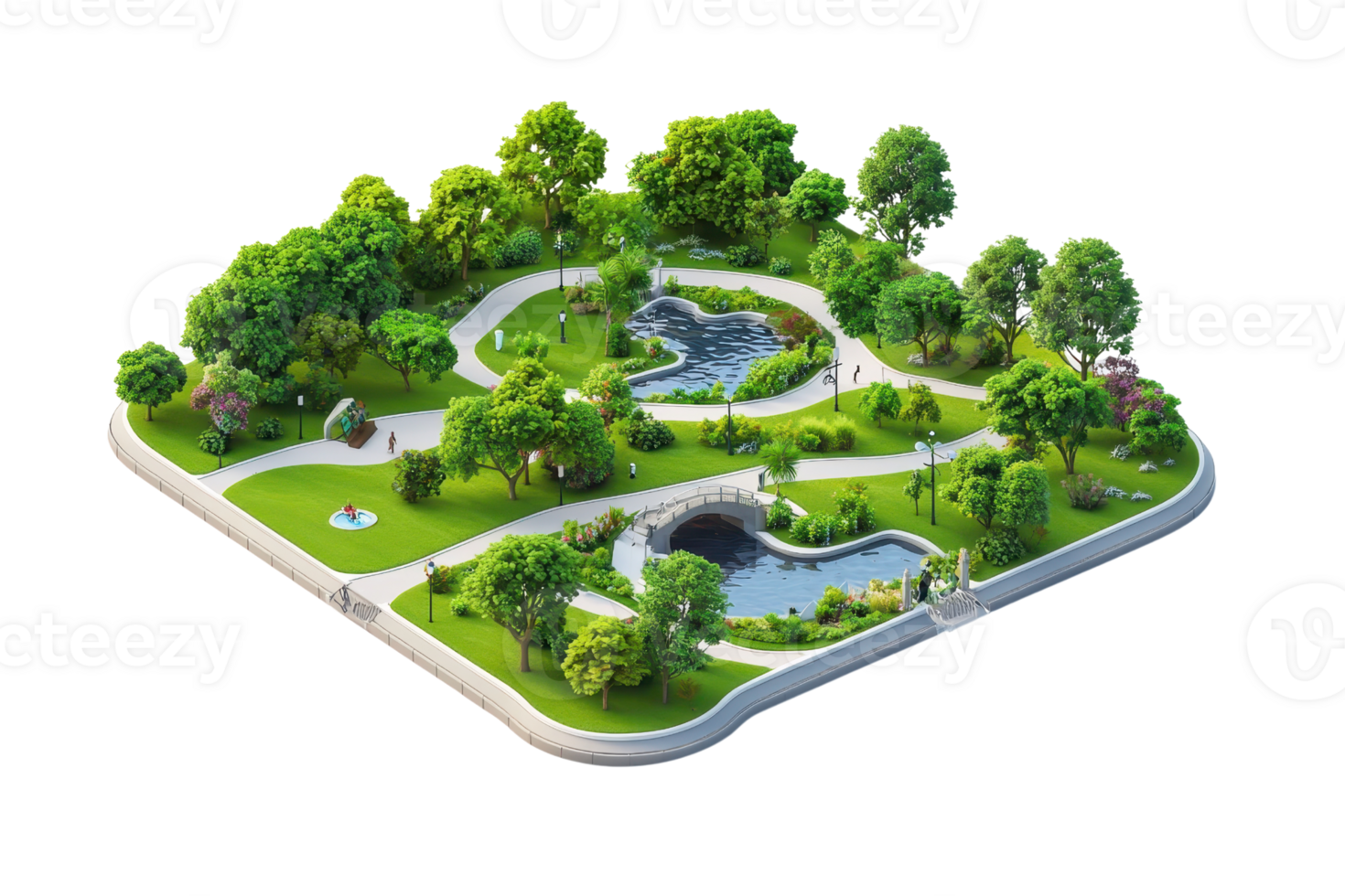 A lush park scene featuring winding paths, greenery, water bodies, and ornamental features, designed for relaxation and enjoyment. png