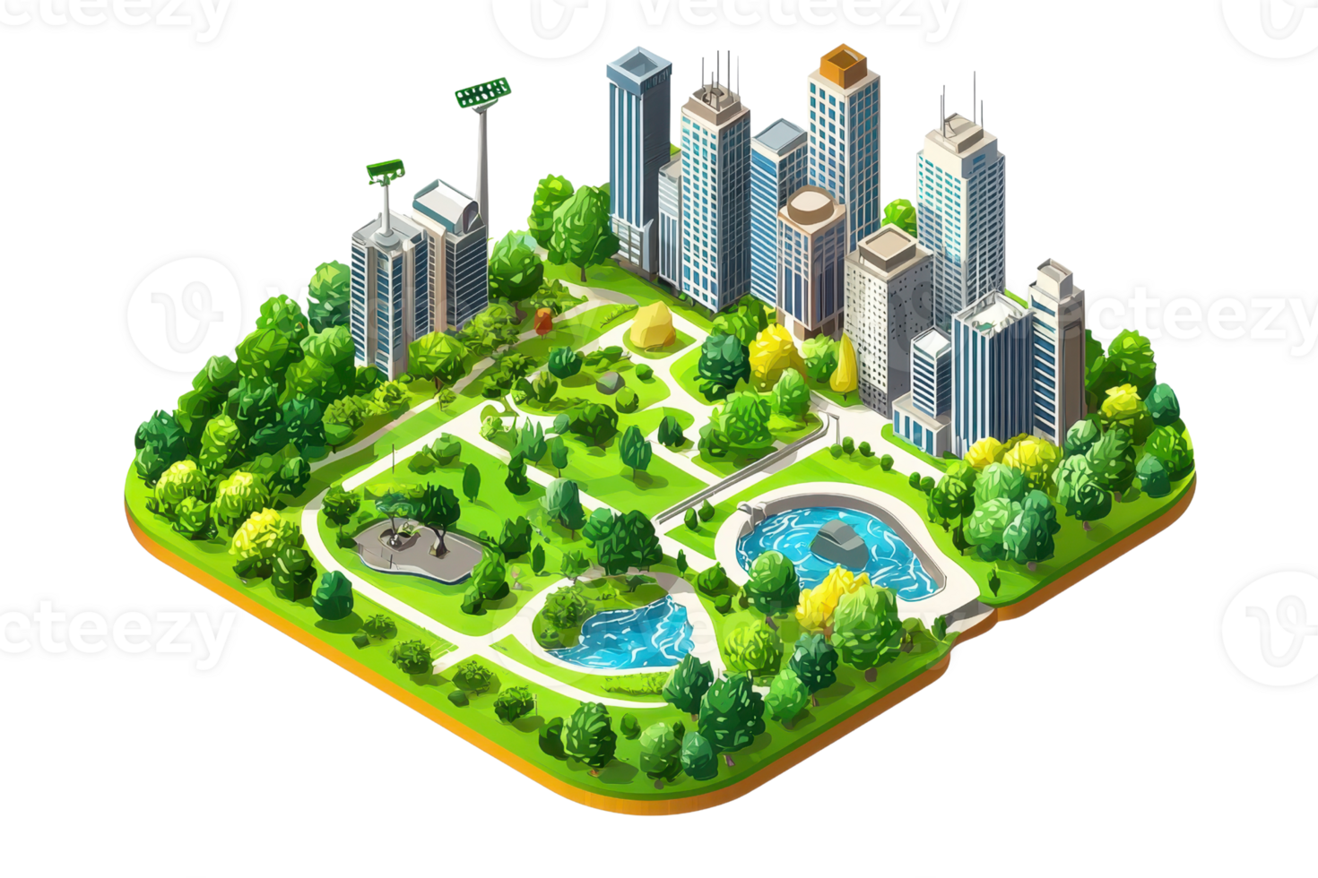 A vibrant urban park featuring lush greenery, decorative pathways, and tranquil ponds surrounded by modern skyscrapers. png