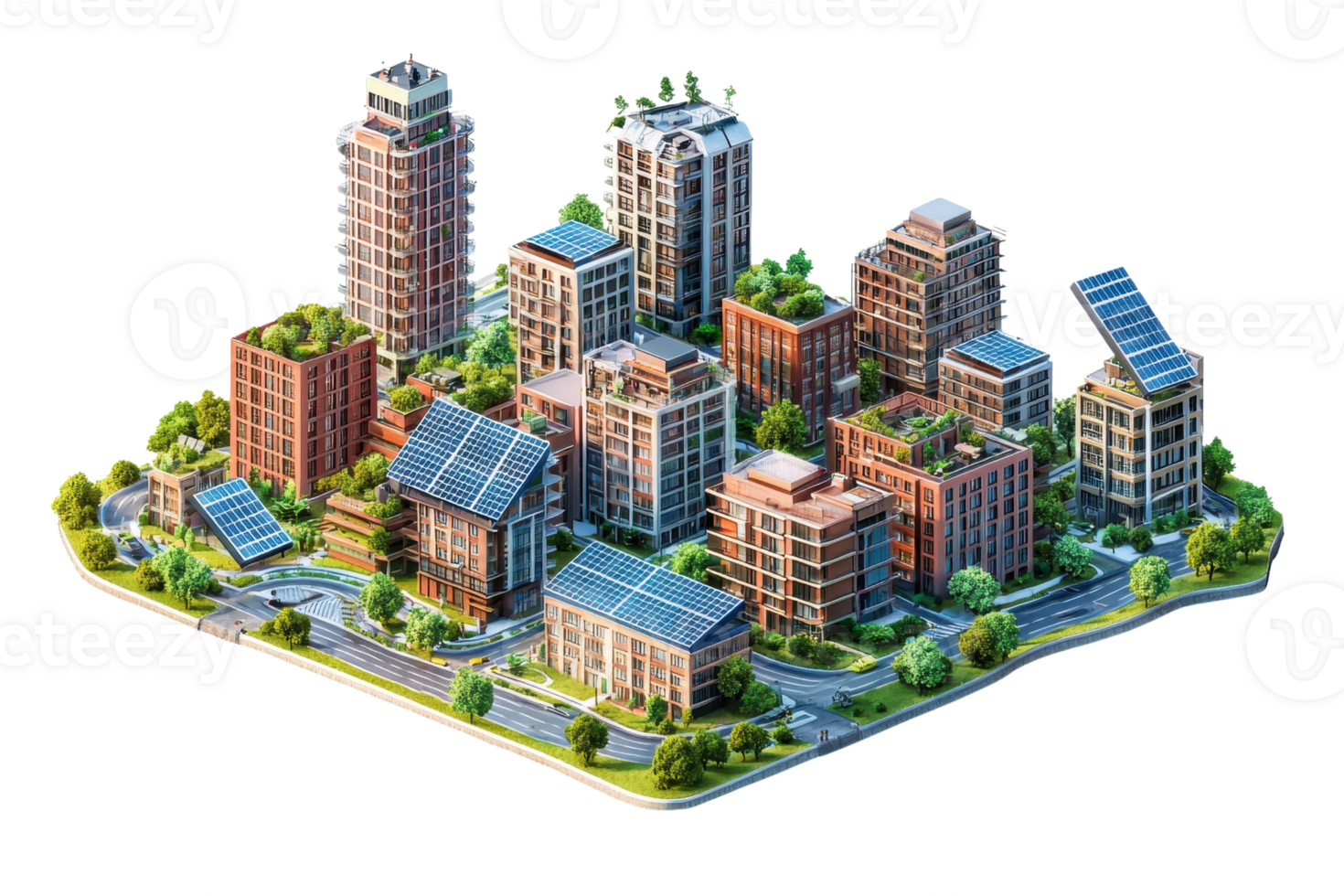 A vibrant, detailed urban landscape featuring various buildings, greenery, and solar panels, depicting a modern city design. png