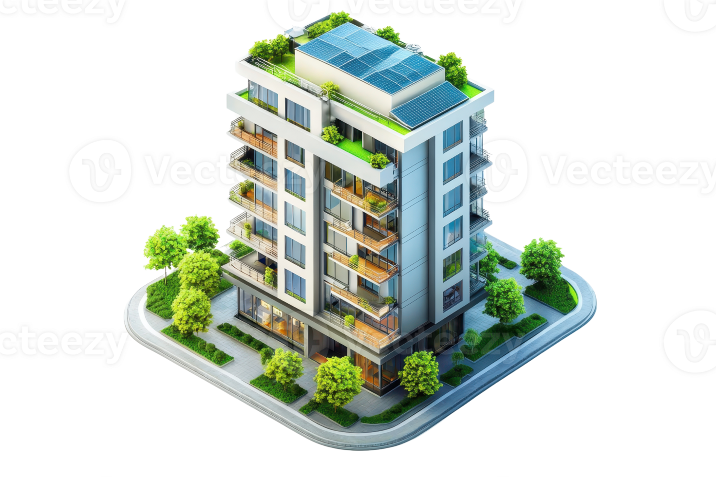 A modern residential building featuring balconies, greenery, and solar panels on the roof. png