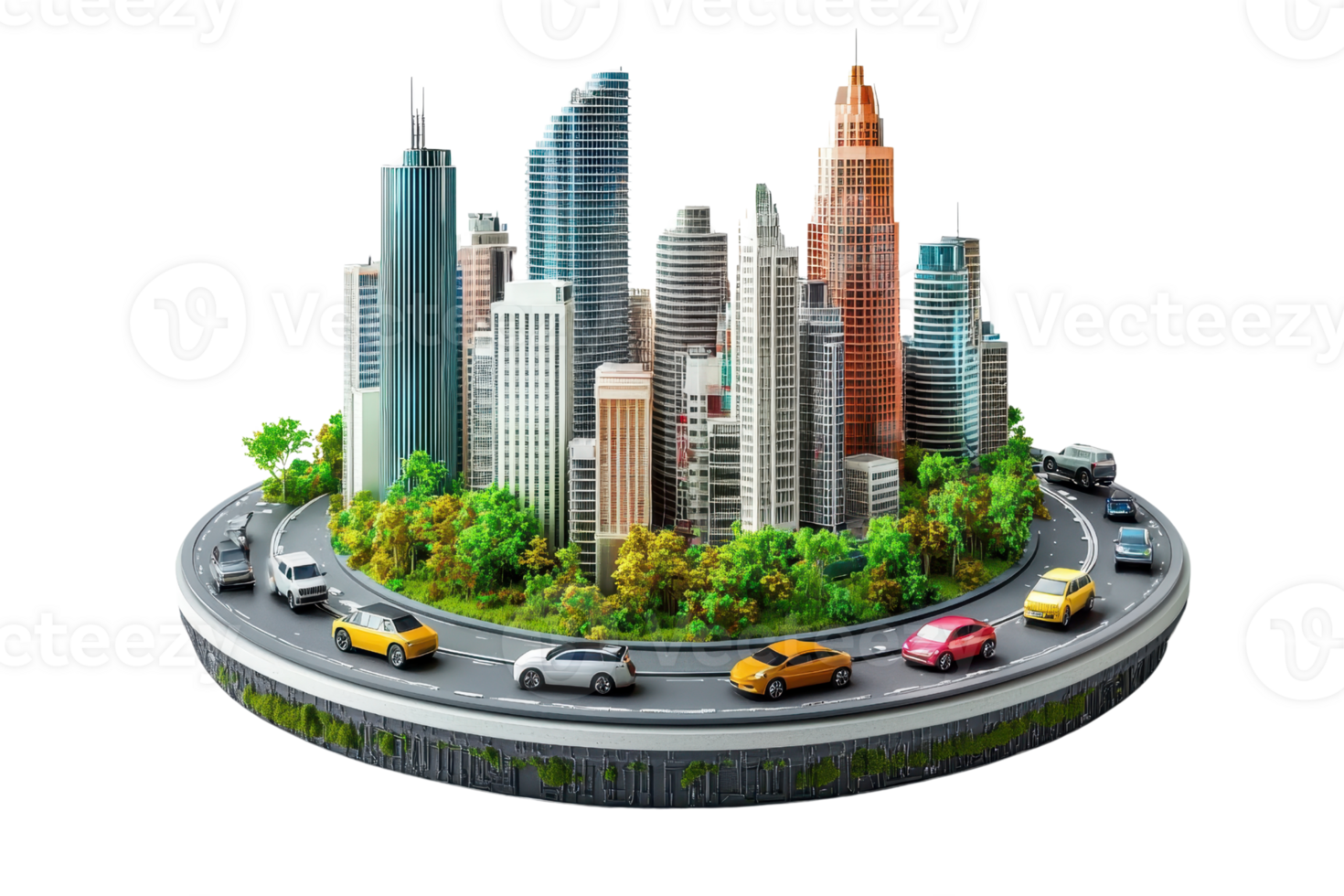 A vibrant, miniature cityscape featuring skyscrapers, greenery, and a circular roadway with colorful cars. png