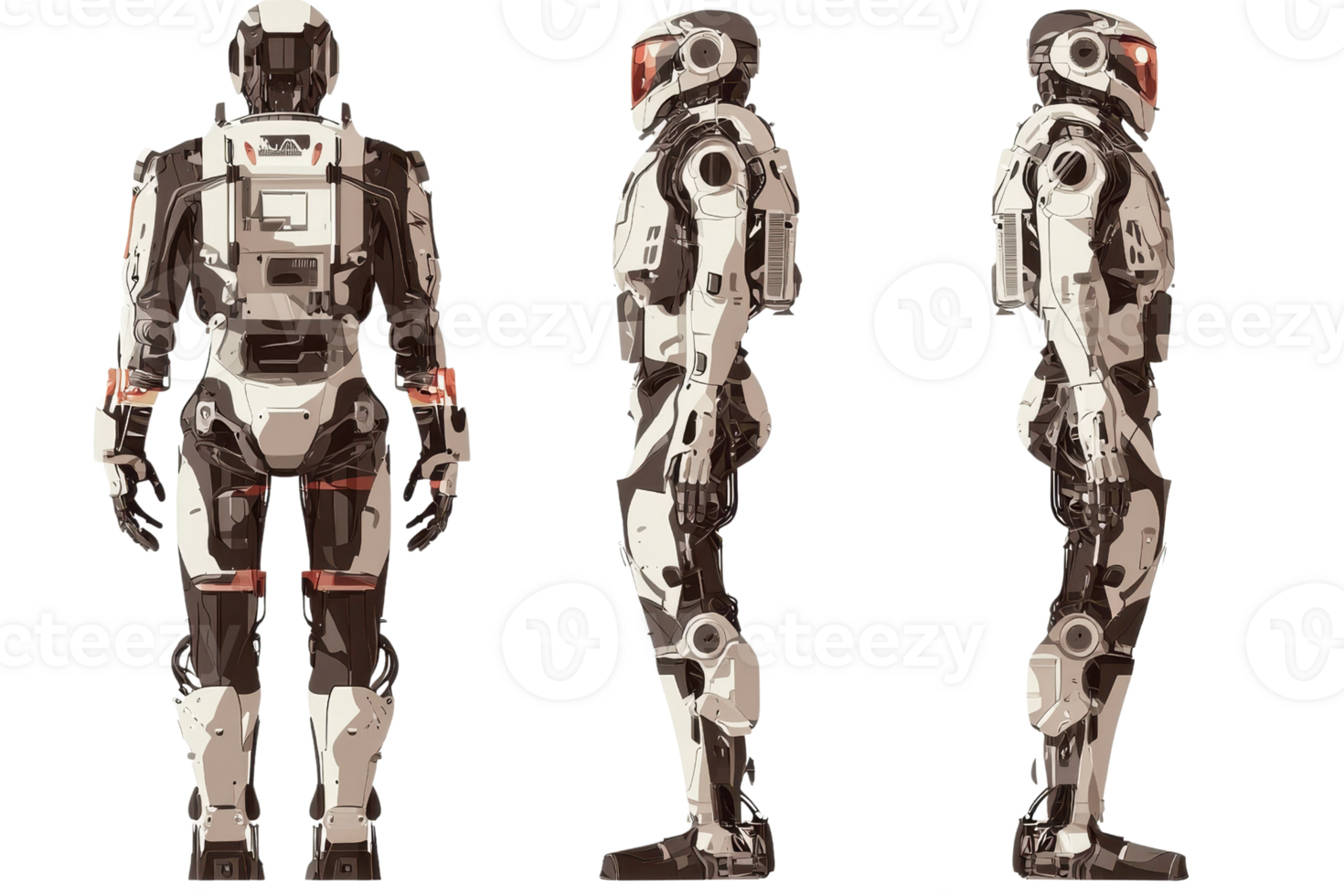 A futuristic robot model showcasing detailed design from multiple angles, highlighting its mechanical features and color scheme. png