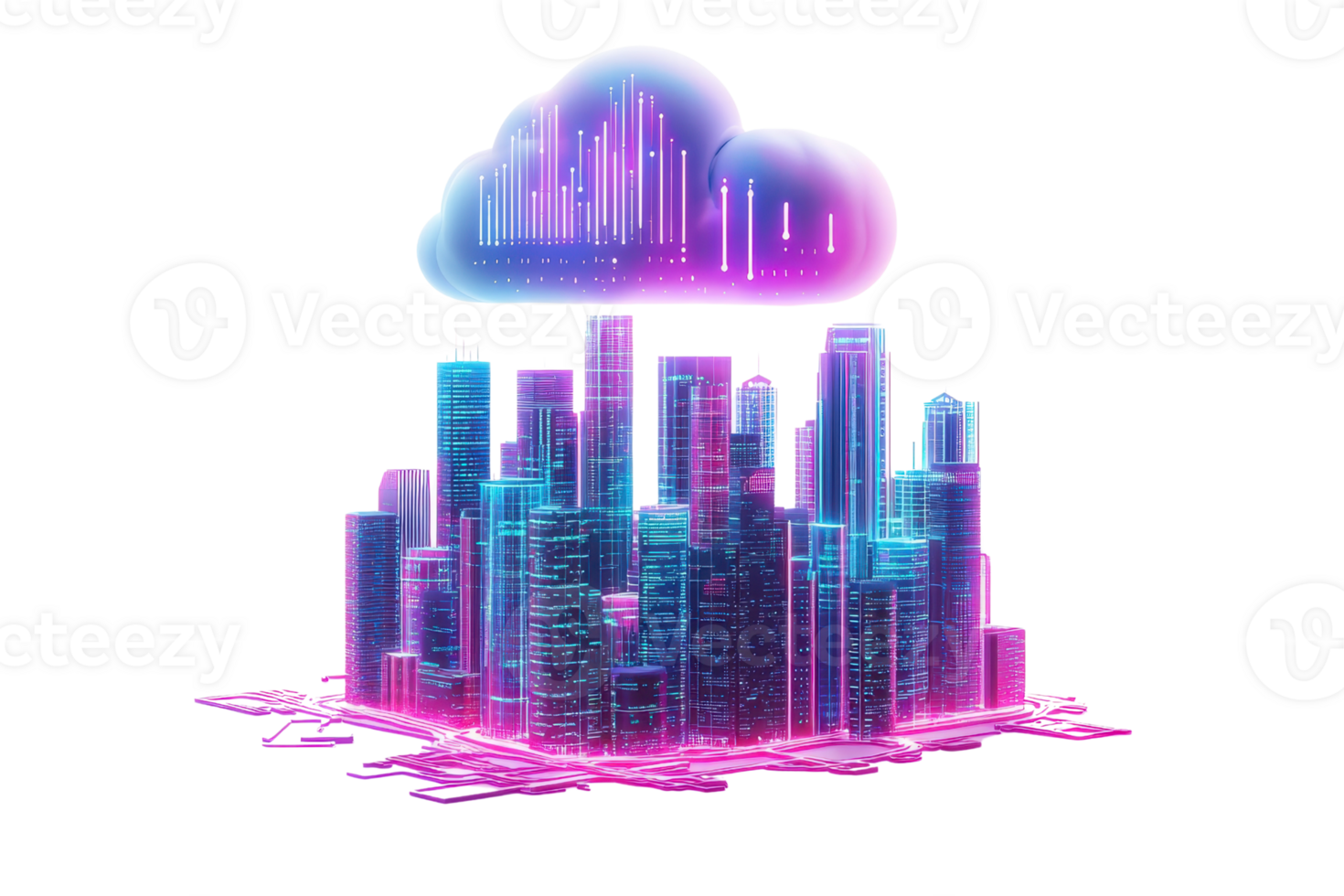 A futuristic city skyline illuminated in neon blue and pink, topped with a stylized cloud symbolizing digital connectivity and technology. png