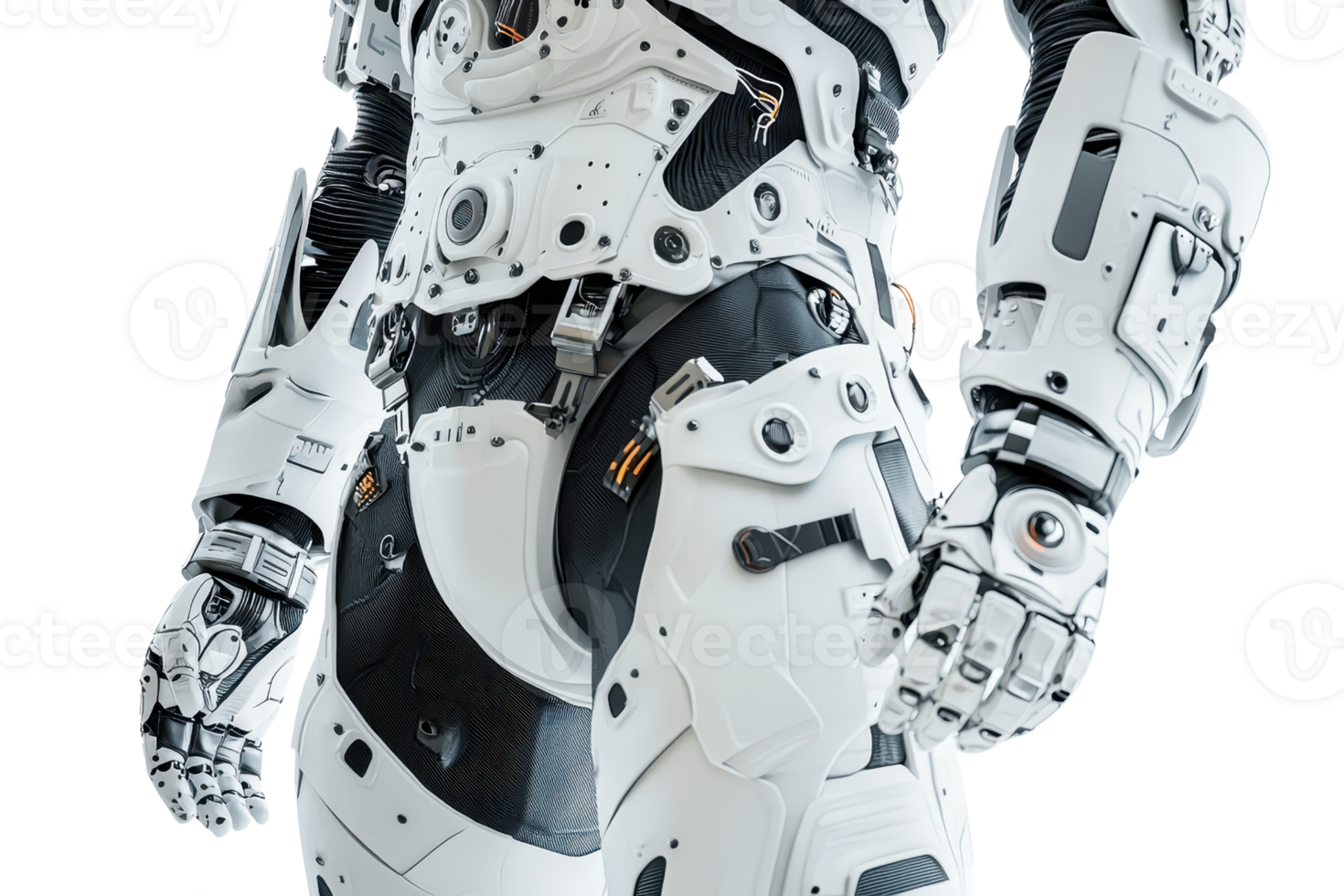 A humanoid robot with a sleek, armored exterior featuring intricate mechanical details and a white finish. png