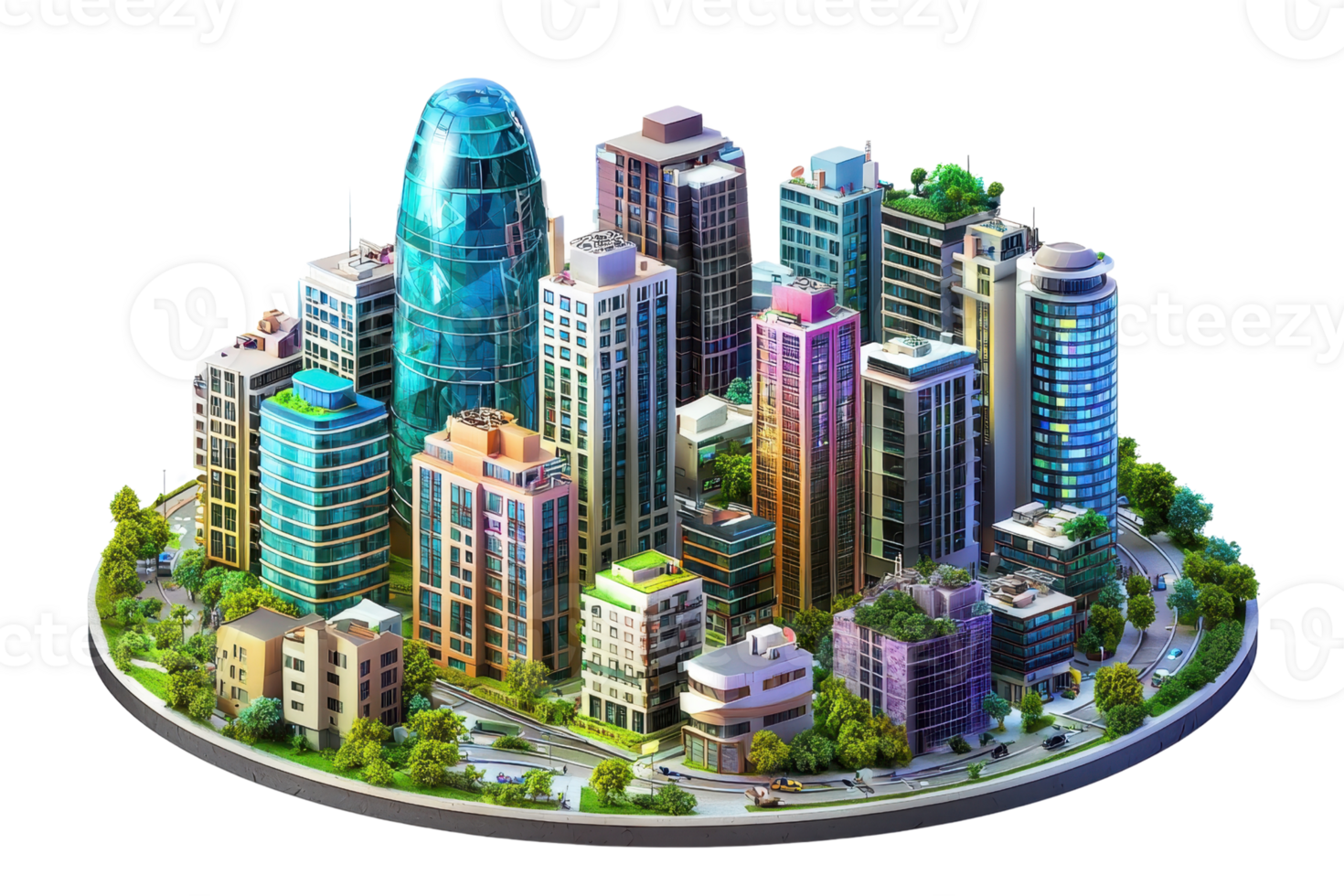 A vibrant, modern cityscape featuring a variety of sleek skyscrapers and greenery, showcasing architectural diversity and urban design. png