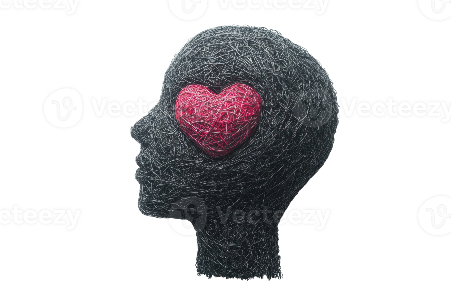 A stylized head sculpture featuring a vibrant heart shape embedded in the side. png