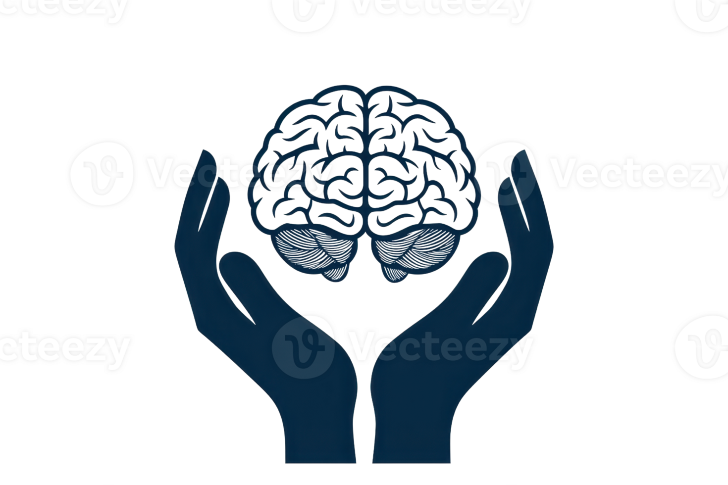 A pair of hands gently cradles a brain, symbolizing care and protection of mental health and intellect. png