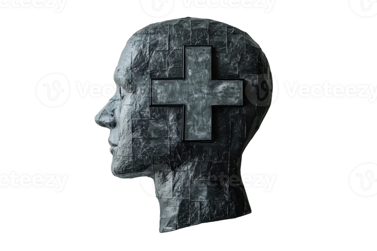 A sculpted human head features a prominent cross shape, symbolizing health and healing. png