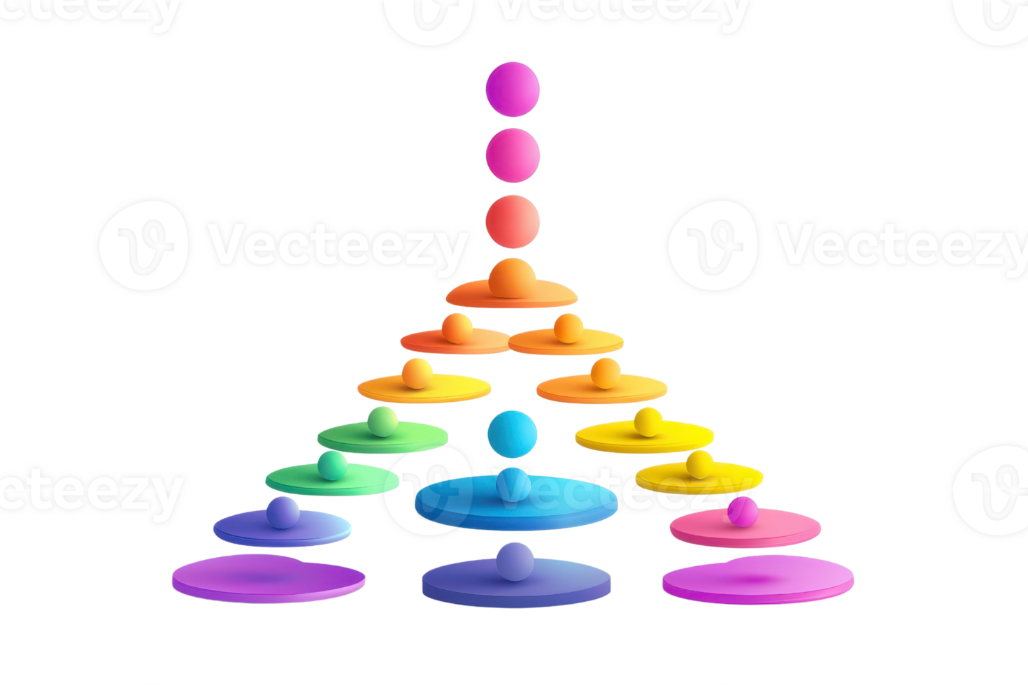 Colorful spinning tops arranged in a pyramid formation, showcasing a gradient of hues from pink to blue and yellow. png